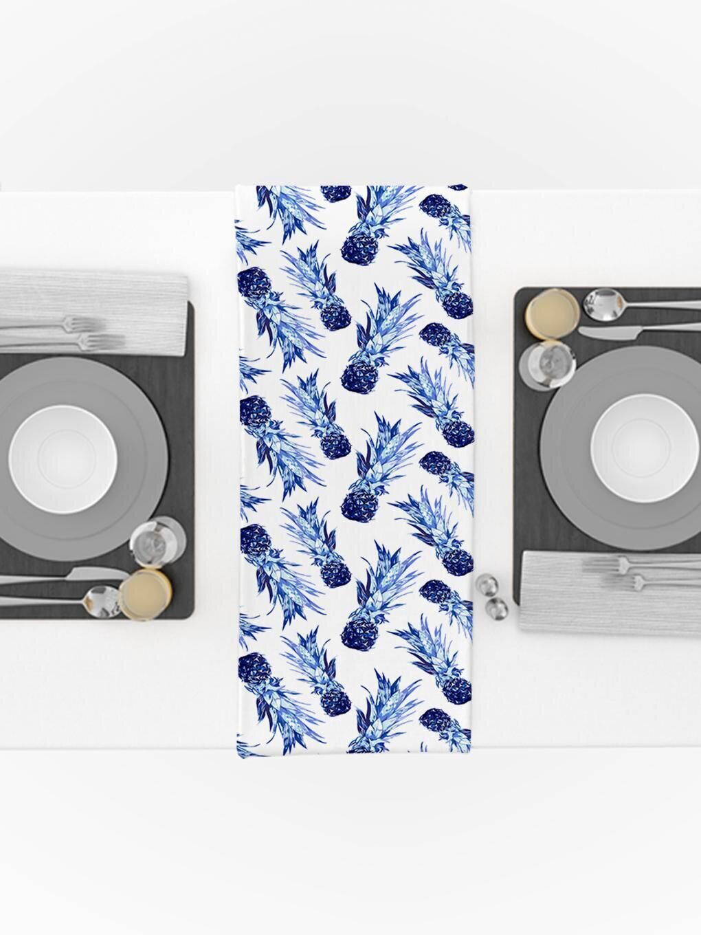 Karışık Mavi Ananas Desenli Kadife Runner Mavi 40x140 cm-2