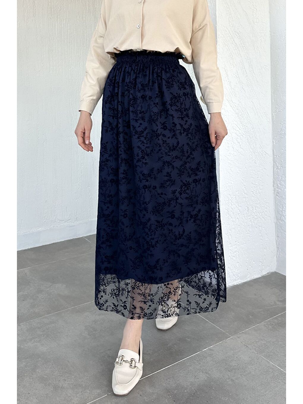 Lacivert Flok Baskılı Astarlı Tesettür Etek (38-40-42-44 Uyumldur)-3