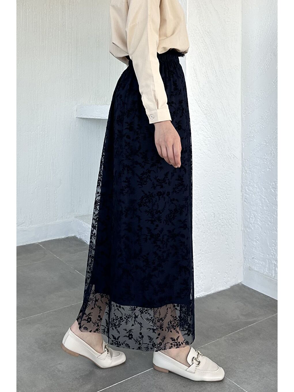 Lacivert Flok Baskılı Astarlı Tesettür Etek (38-40-42-44 Uyumldur)-5