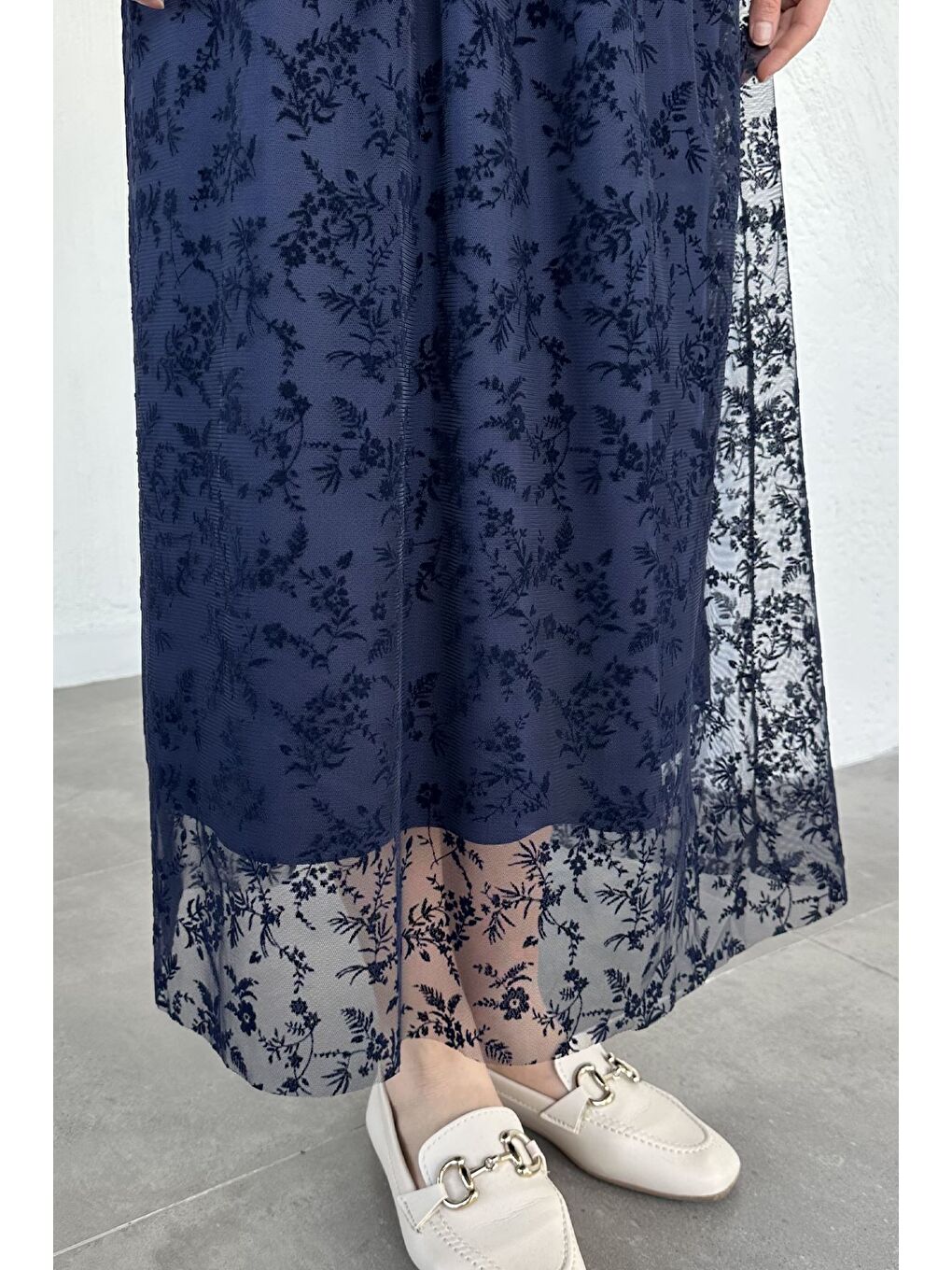 Lacivert Flok Baskılı Astarlı Tesettür Etek (38-40-42-44 Uyumldur)-6