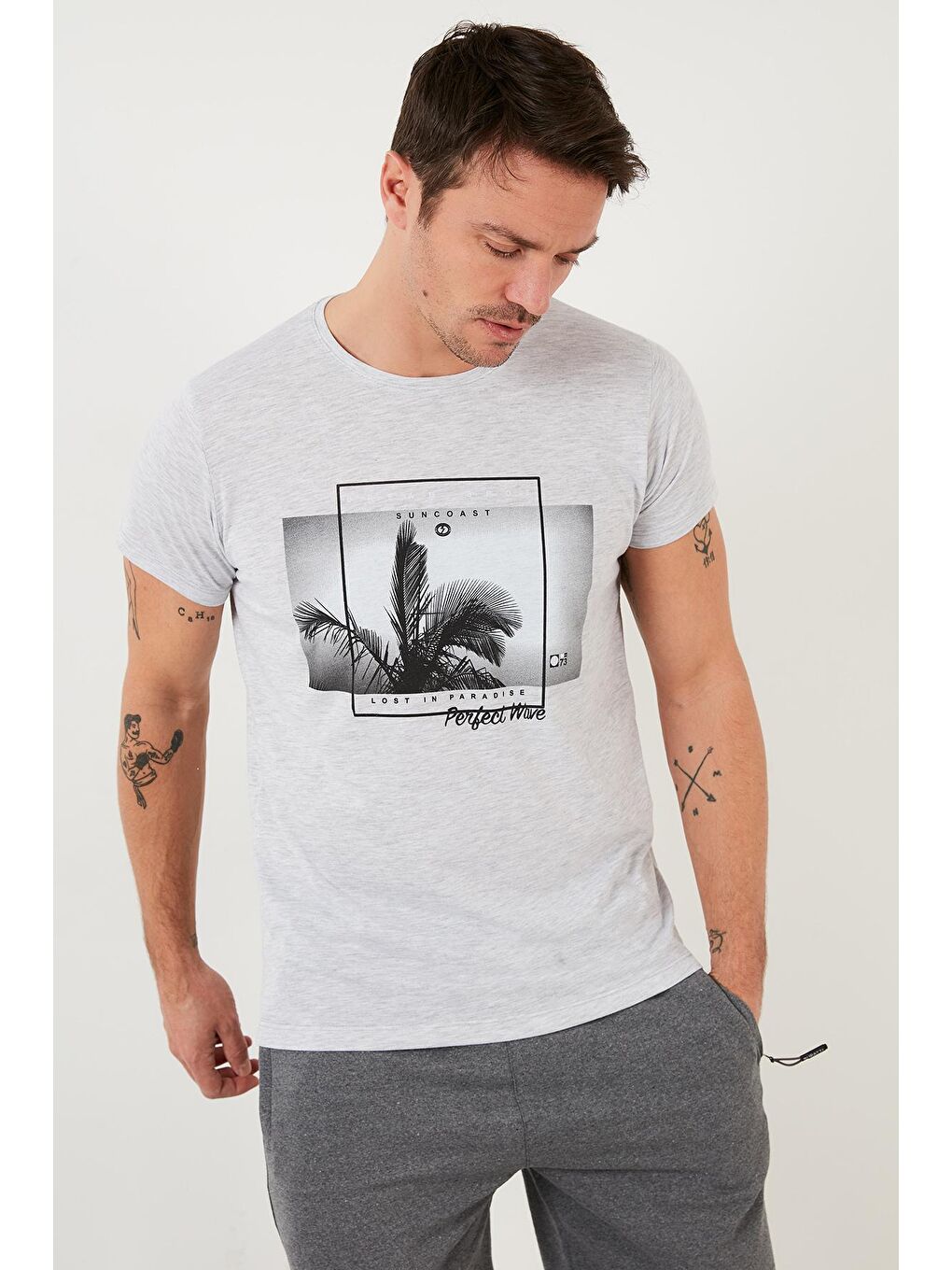 Gri Baskılı %100 Pamuk Bisiklet Yaka Slim Fit Tişört 541PERFECTWAVE-2