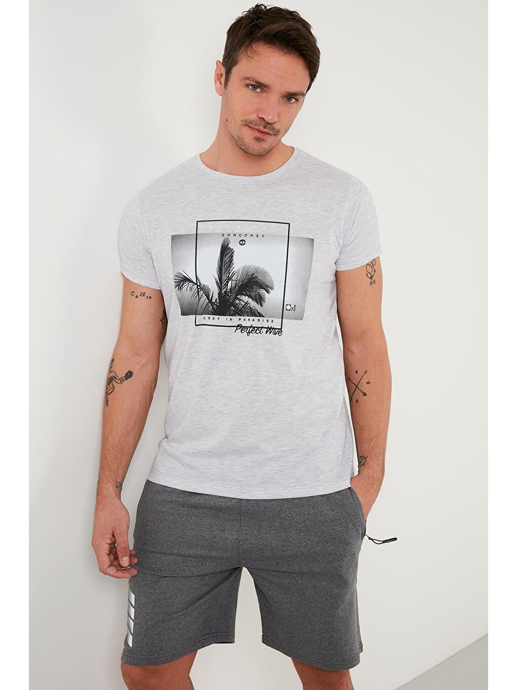 Gri Baskılı %100 Pamuk Bisiklet Yaka Slim Fit Tişört 541PERFECTWAVE-3