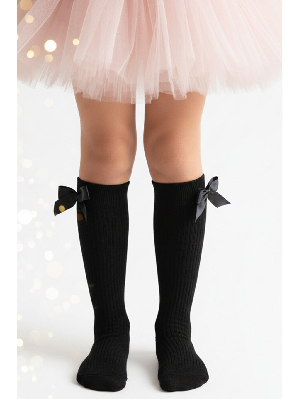 Siyah Kız Çocuk Fiyonk Detaylı Diz Altı Çorap-2