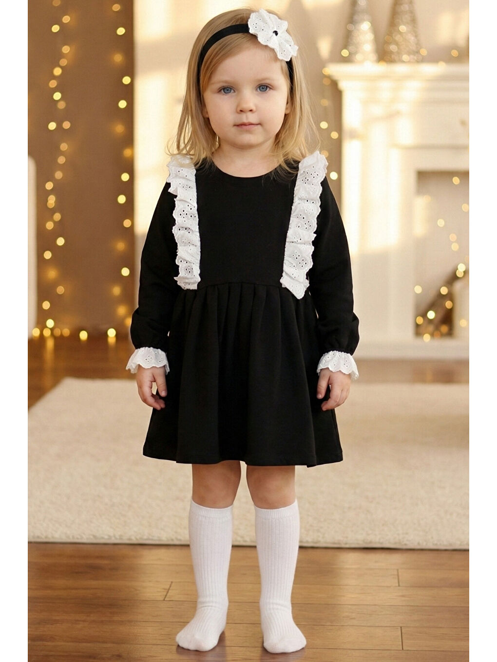 Siyah Kız Çocuk Dantel Detaylı Elbise ve Bandana