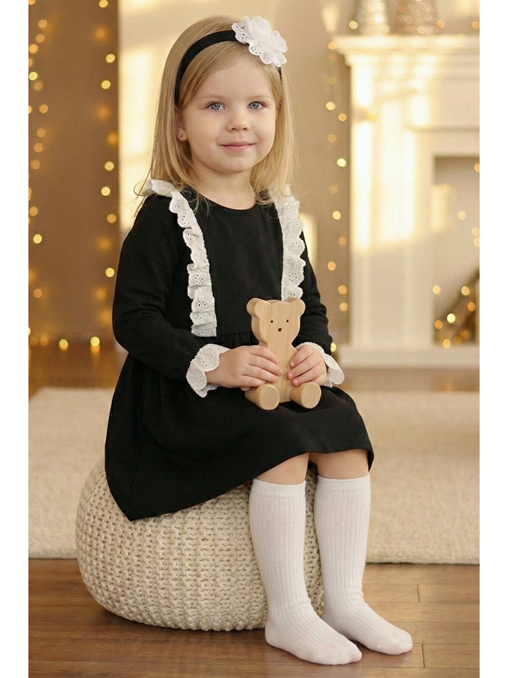 Siyah Kız Çocuk Dantel Detaylı Elbise ve Bandana-1