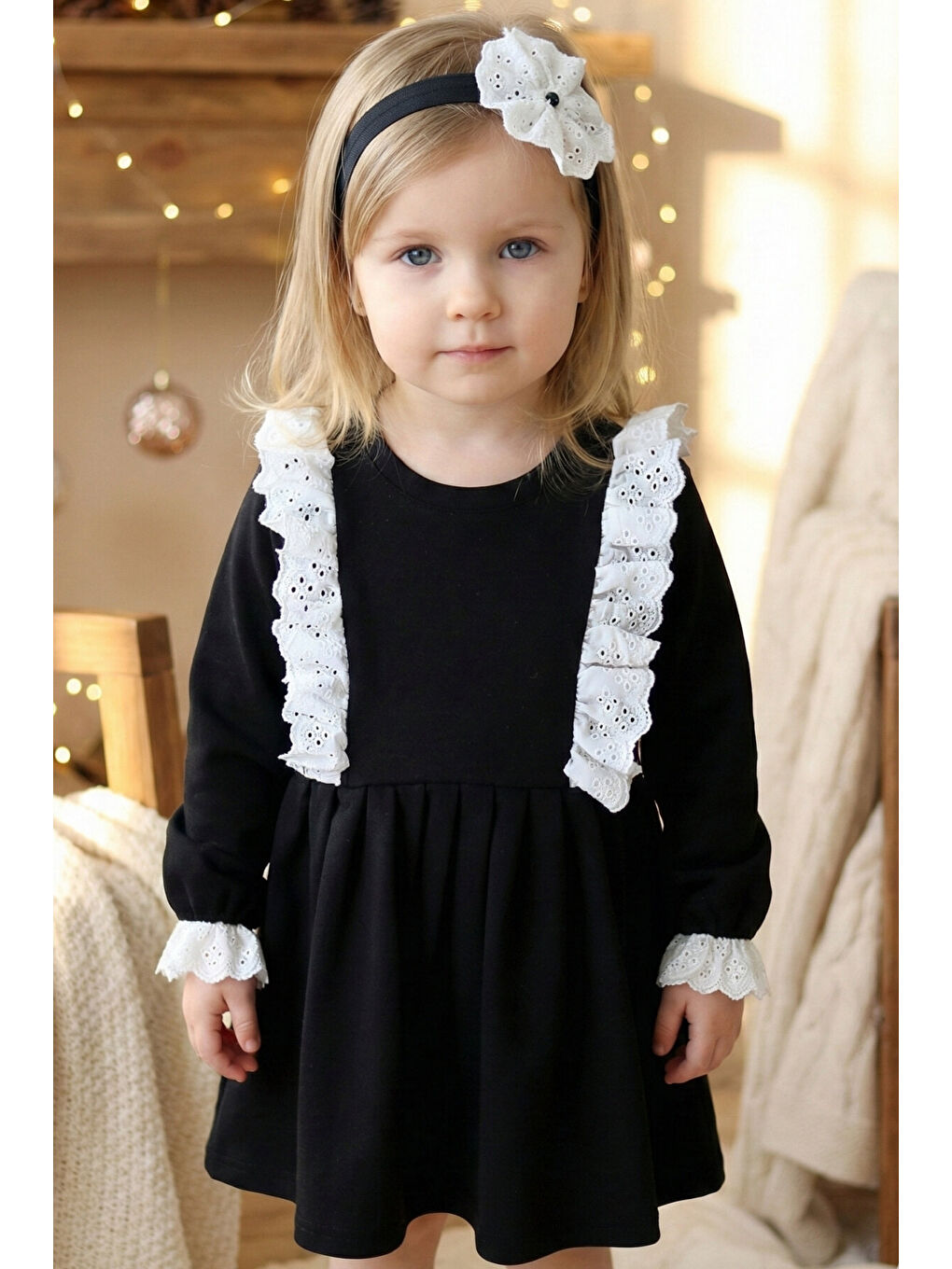 Siyah Kız Çocuk Dantel Detaylı Elbise ve Bandana-2