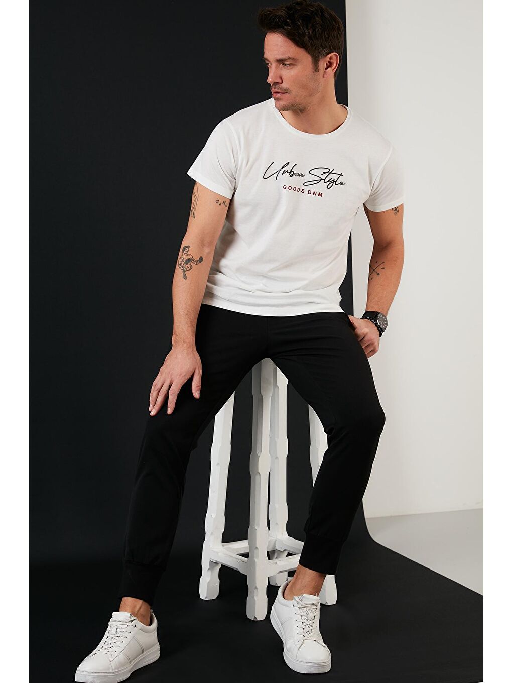 Ekru Baskılı %100 Pamuk Bisiklet Yaka Slim Fit Tişört 541URBANSTYLE