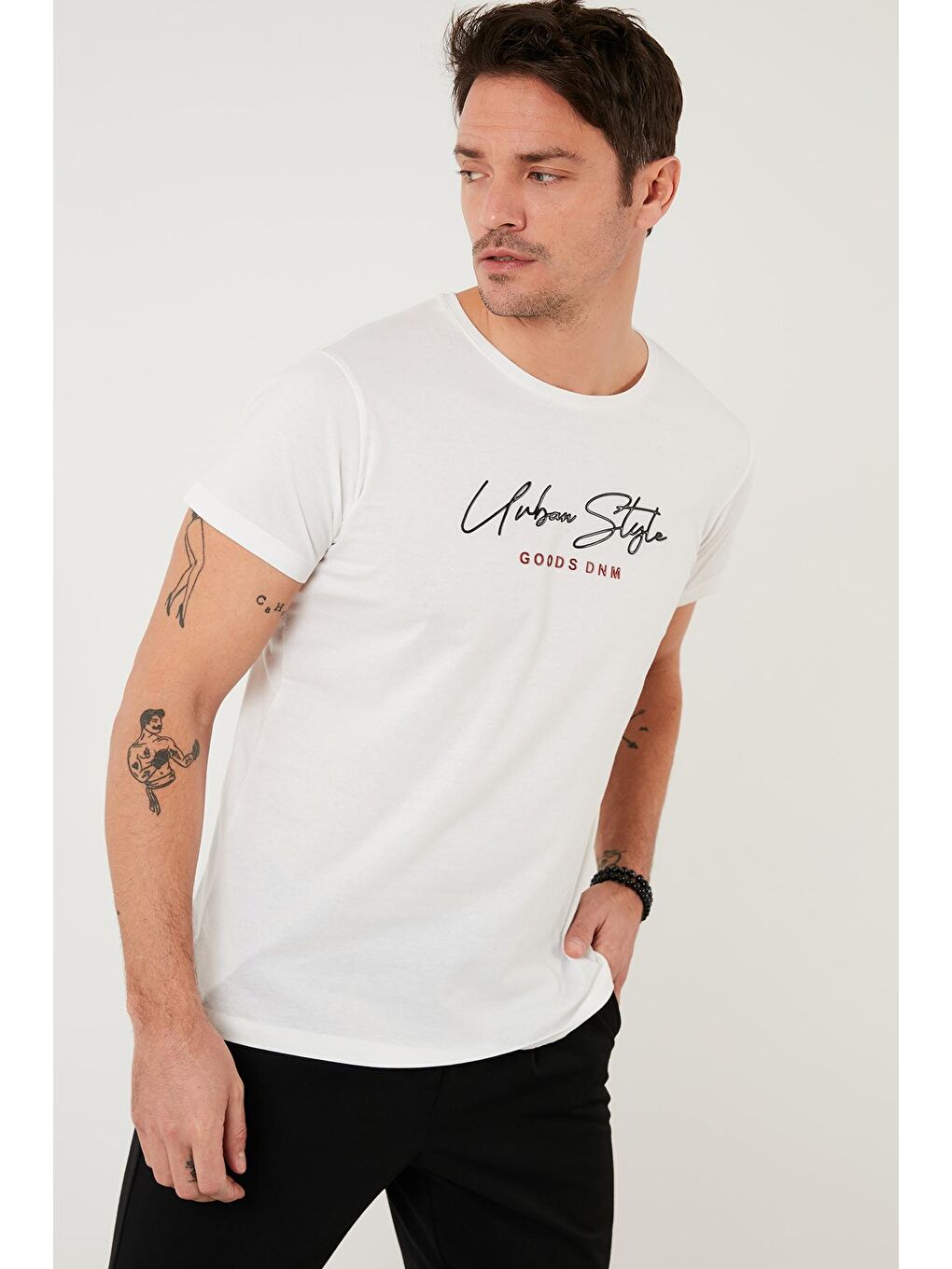 Ekru Baskılı %100 Pamuk Bisiklet Yaka Slim Fit Tişört 541URBANSTYLE-1