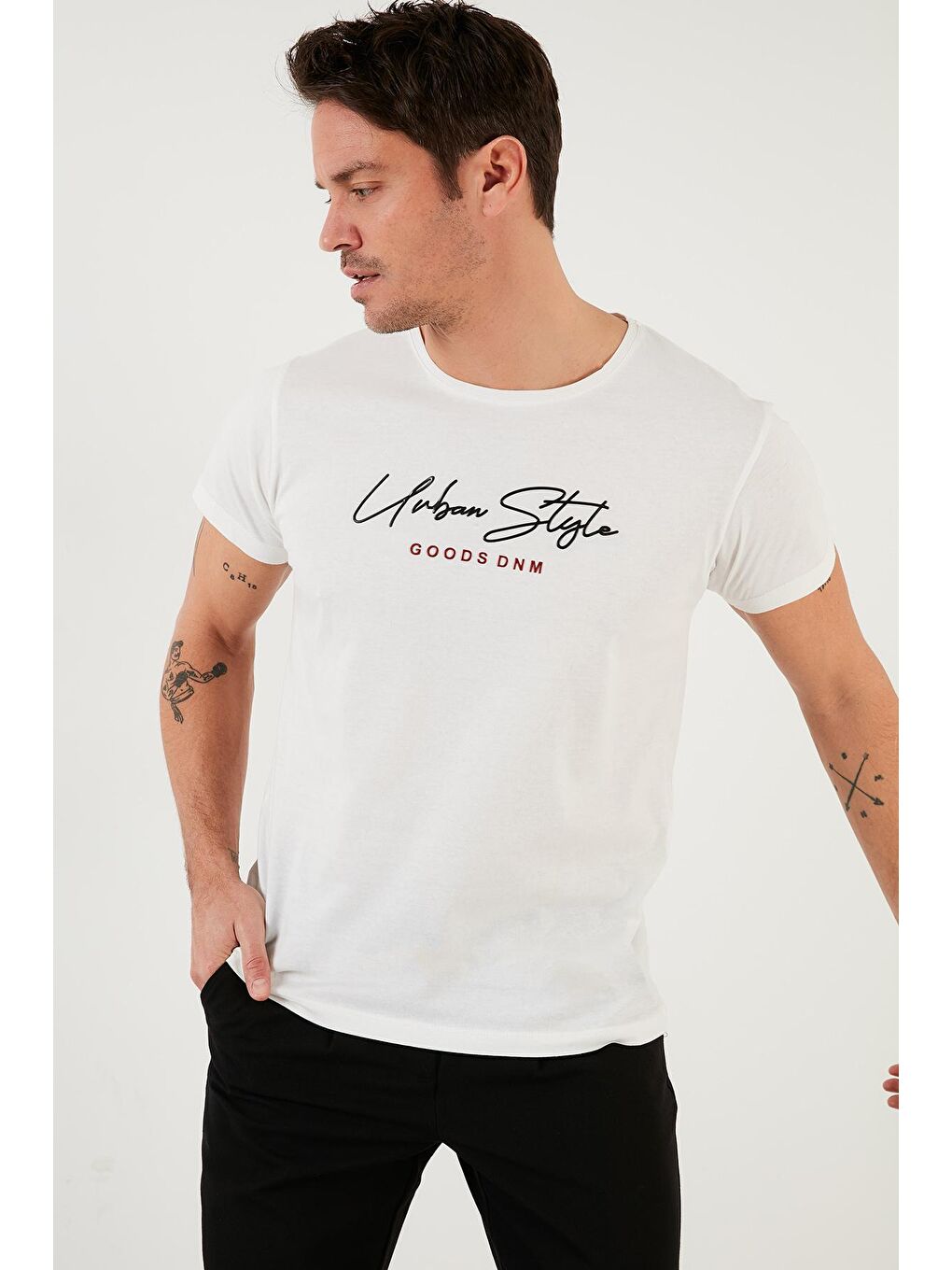 Ekru Baskılı %100 Pamuk Bisiklet Yaka Slim Fit Tişört 541URBANSTYLE-2