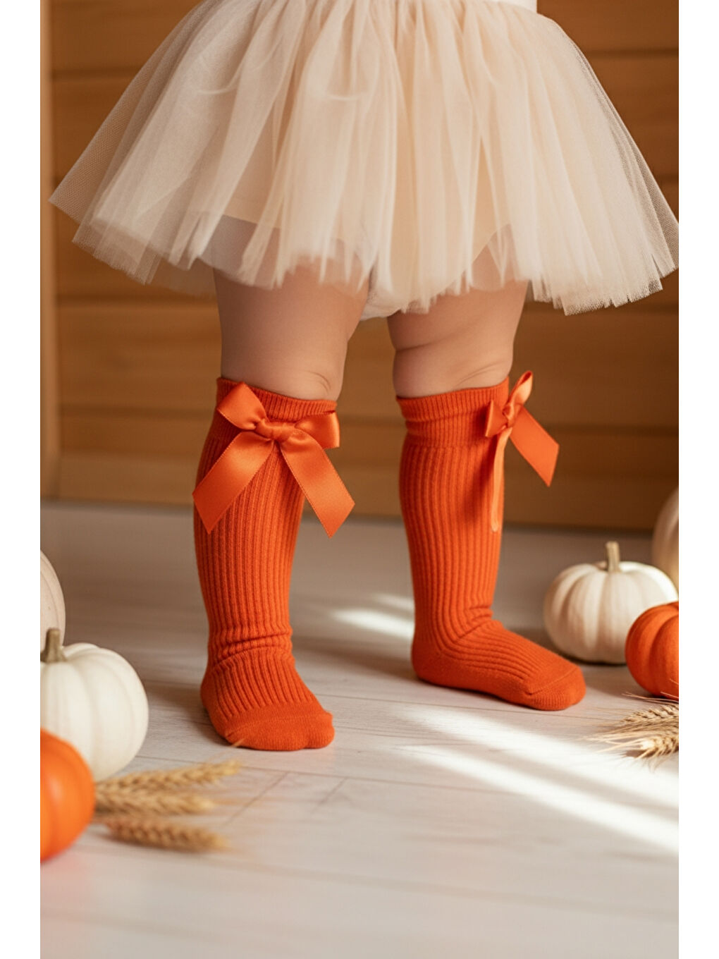 Kız Çocuk Fiyonk Detaylı Diz Altı Çorap / Turuncu AR-0090.2