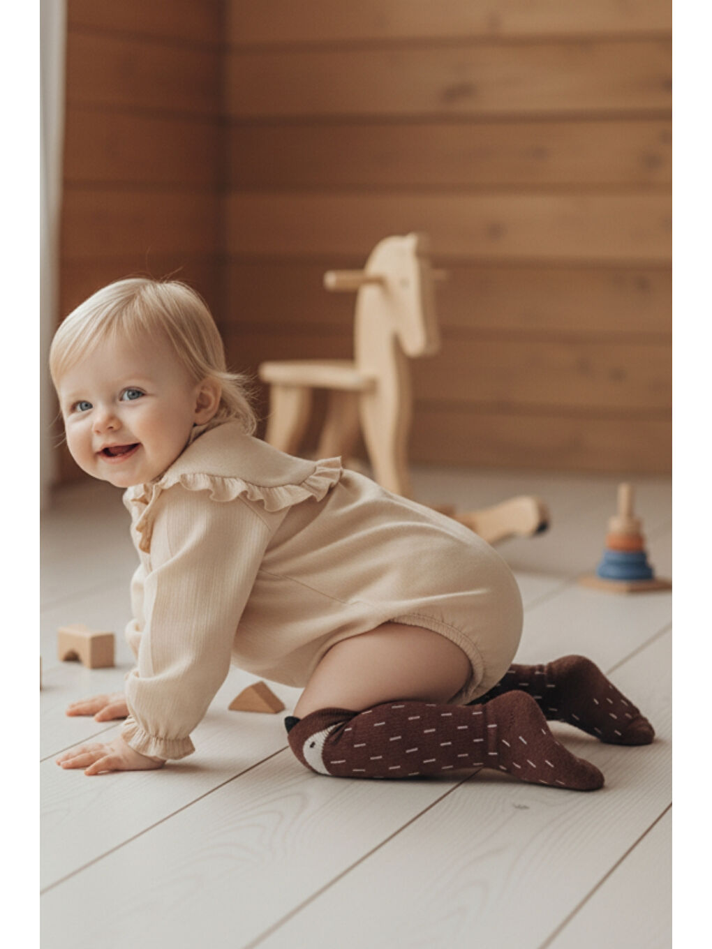 Kahverengi Kız Bebek Tilki Desen Çorap/KOYU KAHVE-2