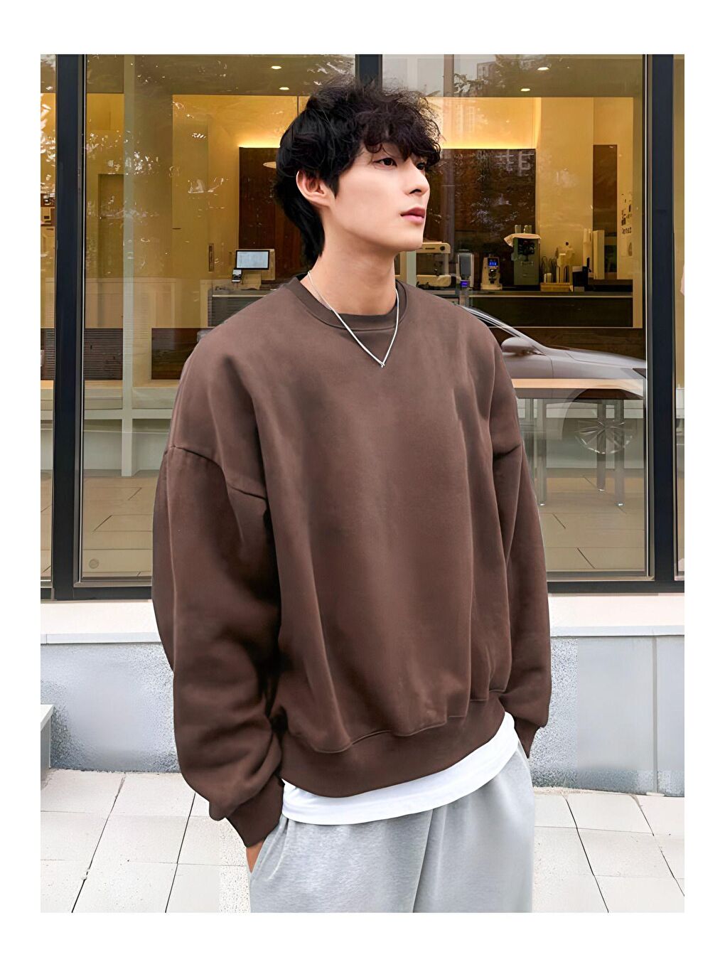 Kahverengi Erkek Yuvarlak Yakalı Oversize Sweat Bisiklet Yaka Casual Sweatshirt