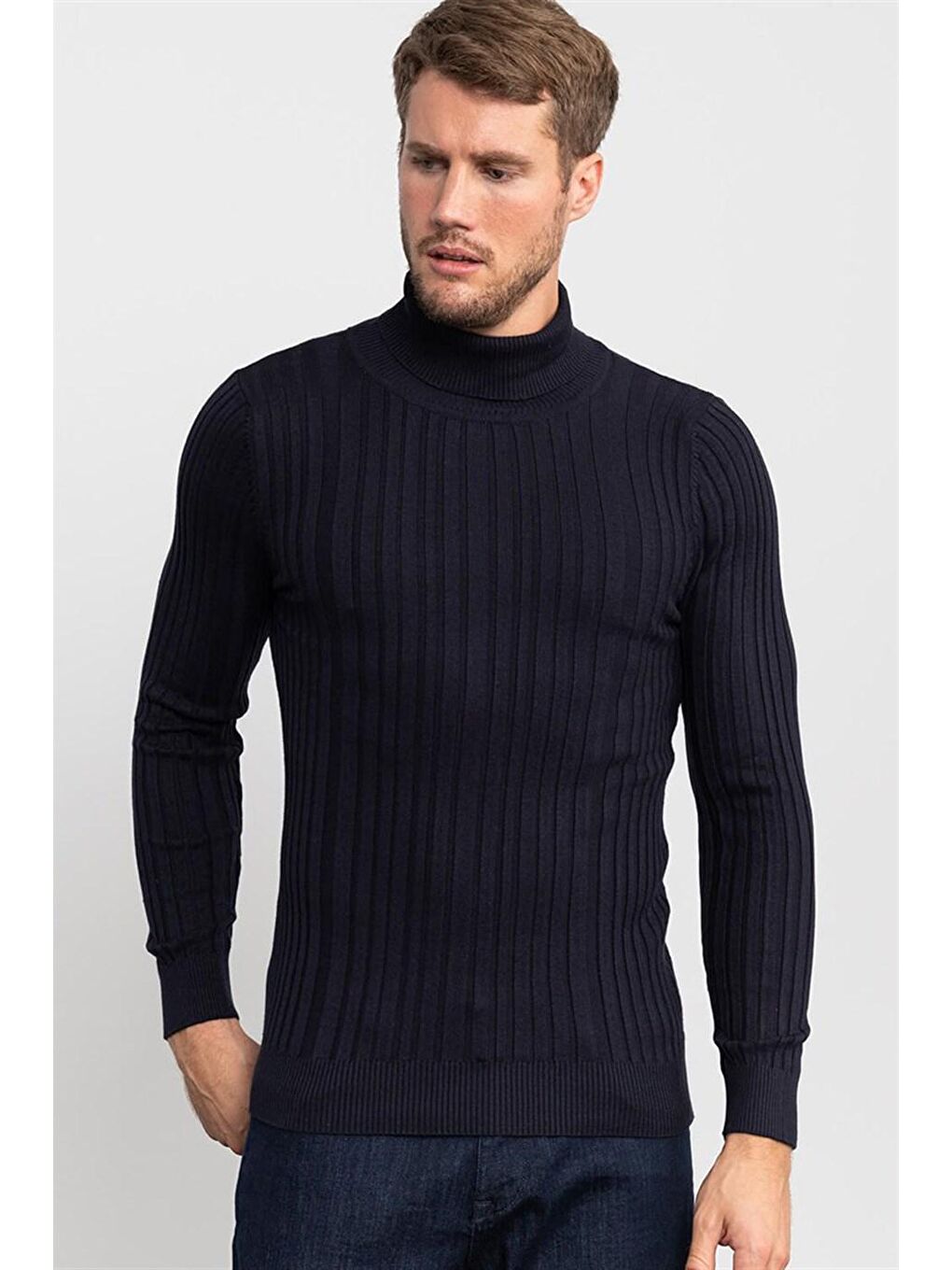 Slim Fit Tam Balıkçı Yaka Erkek Lacivert Kazak