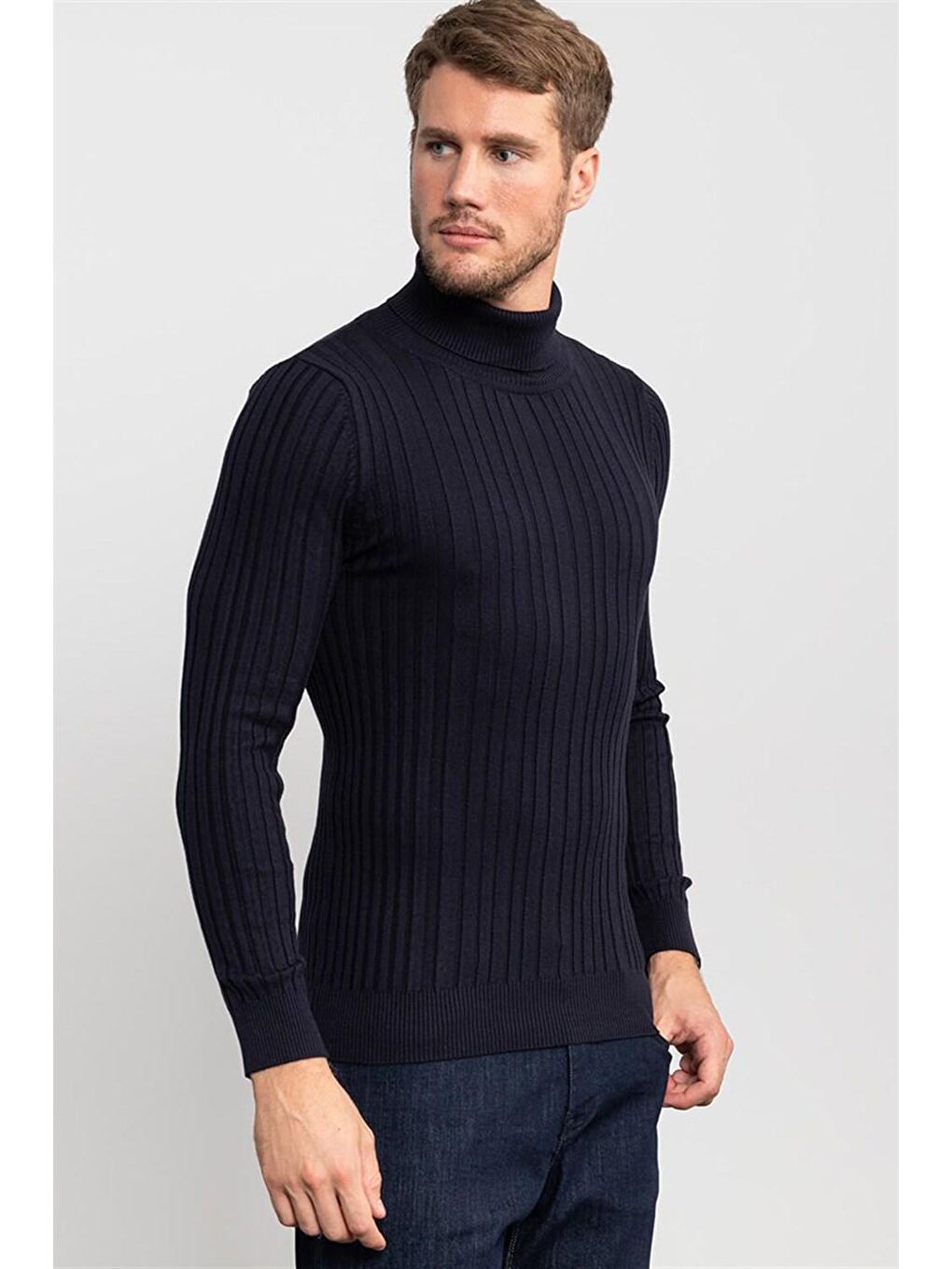 Slim Fit Tam Balıkçı Yaka Erkek Lacivert Kazak-1