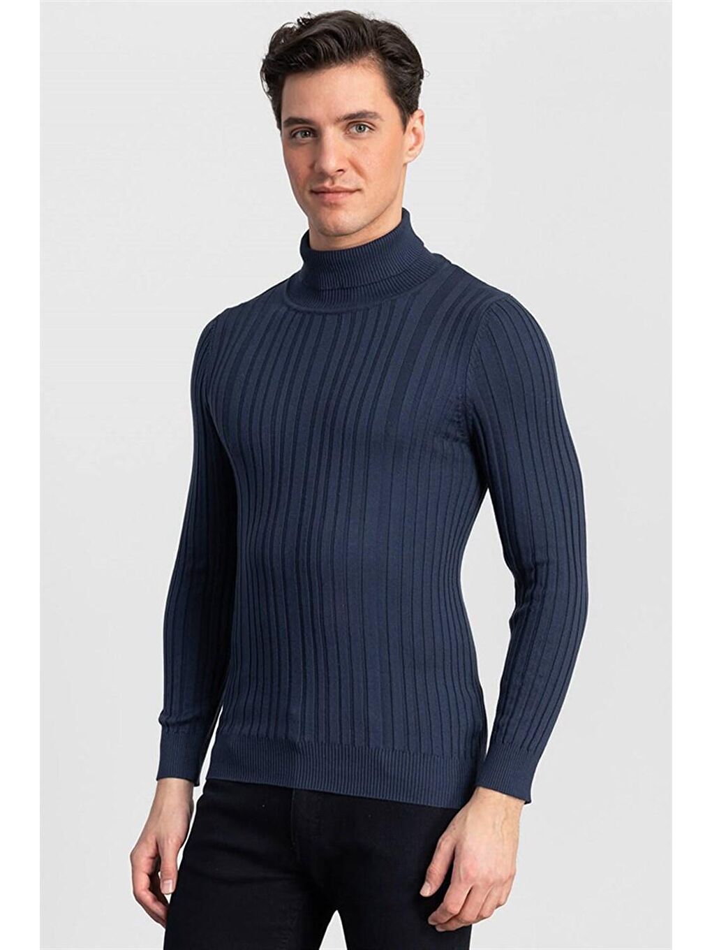 Slim Fit Tam Balıkçı Yaka Erkek İndigo Kazak-1