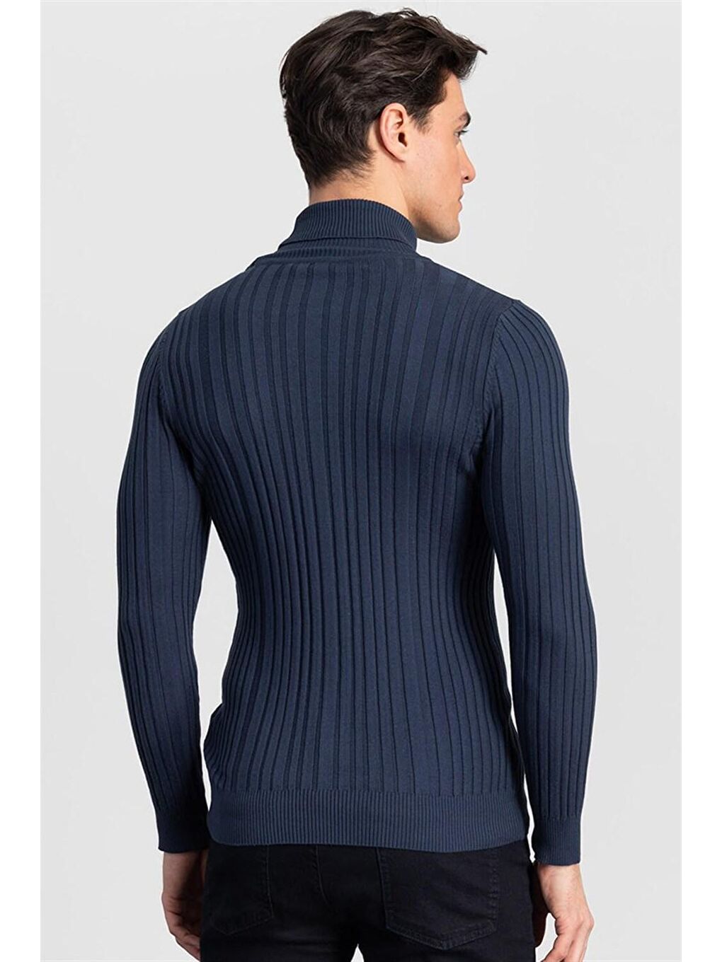 Slim Fit Tam Balıkçı Yaka Erkek İndigo Kazak-3