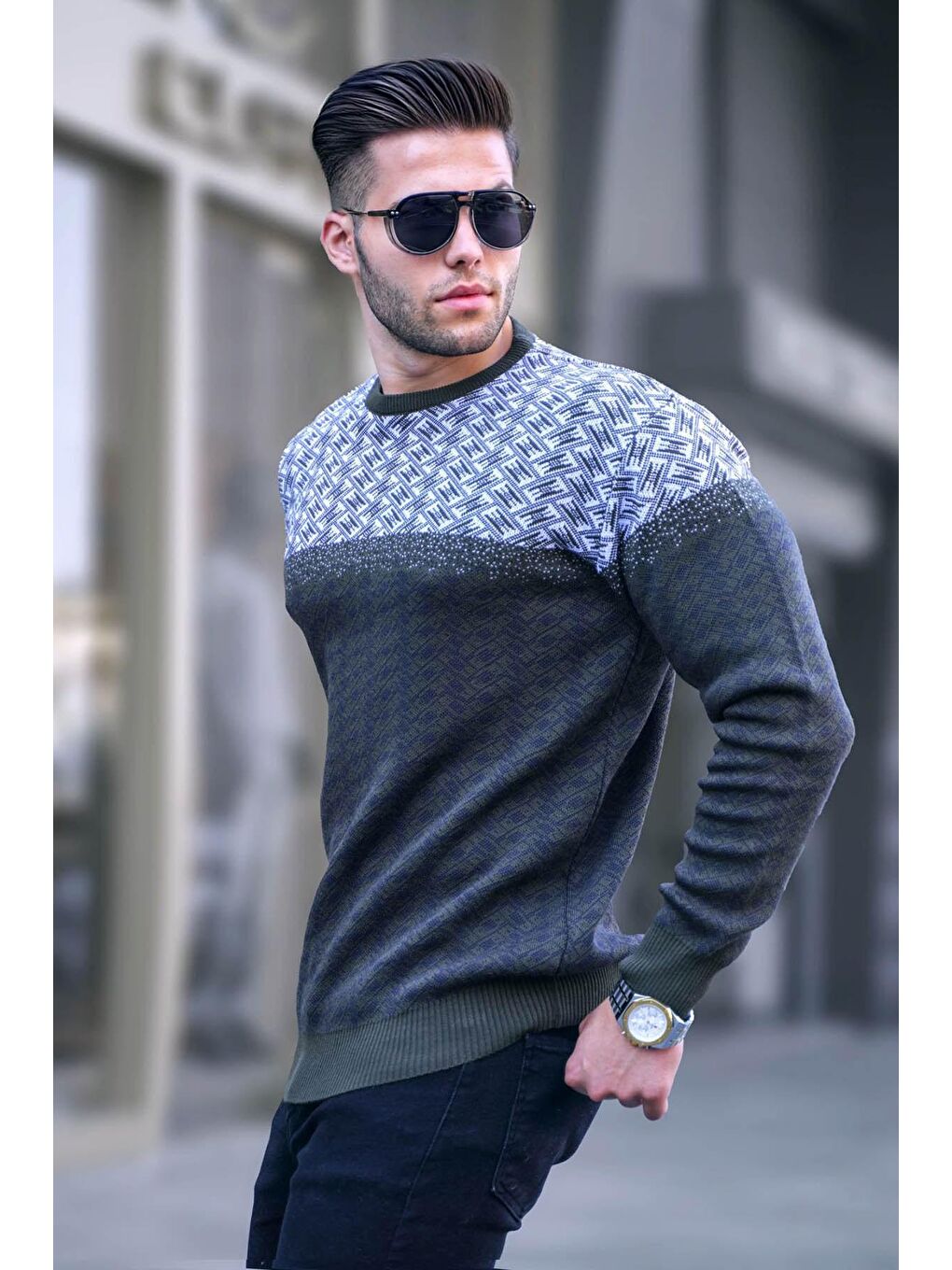 Haki Desenli Erkek Örme Kazak 5977