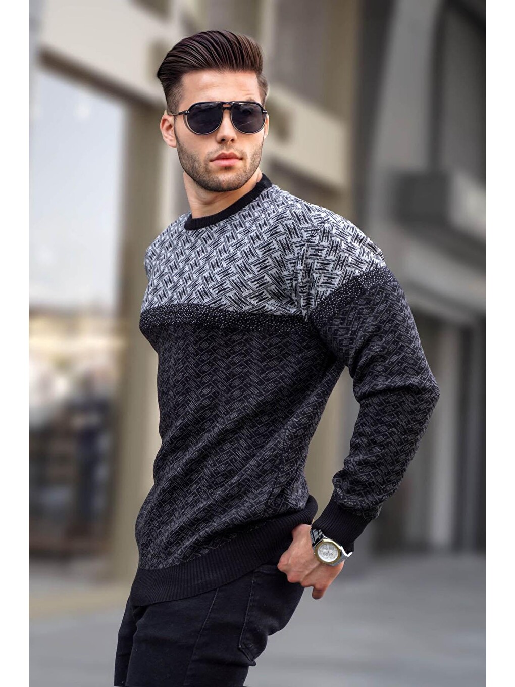 Siyah Desenli Erkek Örme Kazak 5977
