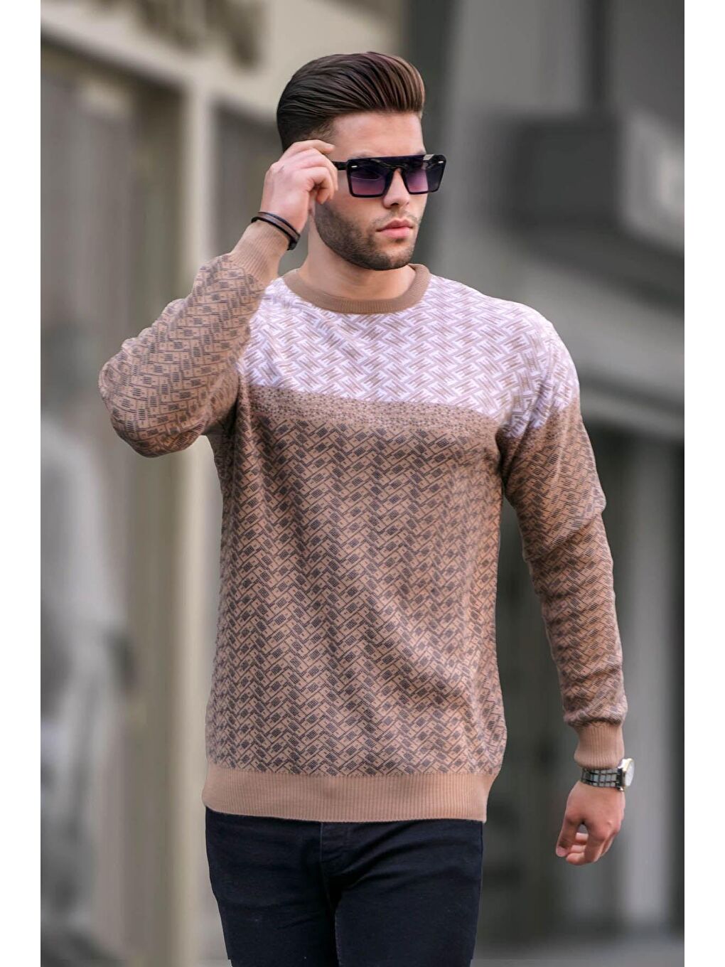 Bej Desenli Erkek Örme Kazak 5977