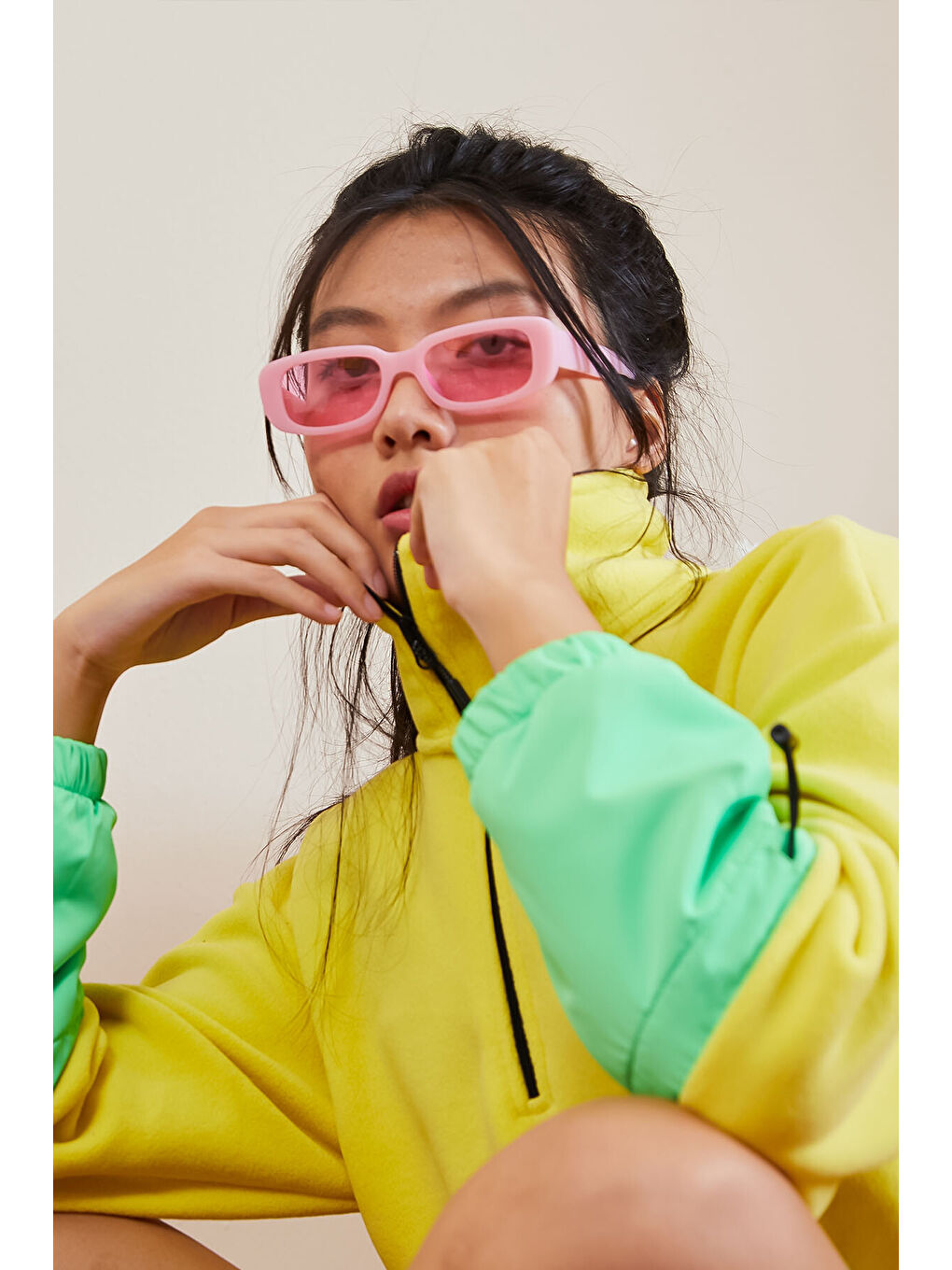 Sarı Limon Etek Ucu Büzgülü Yarım Fermuarlı Oversize Kadın Polar Sweatshirt - 97238-2