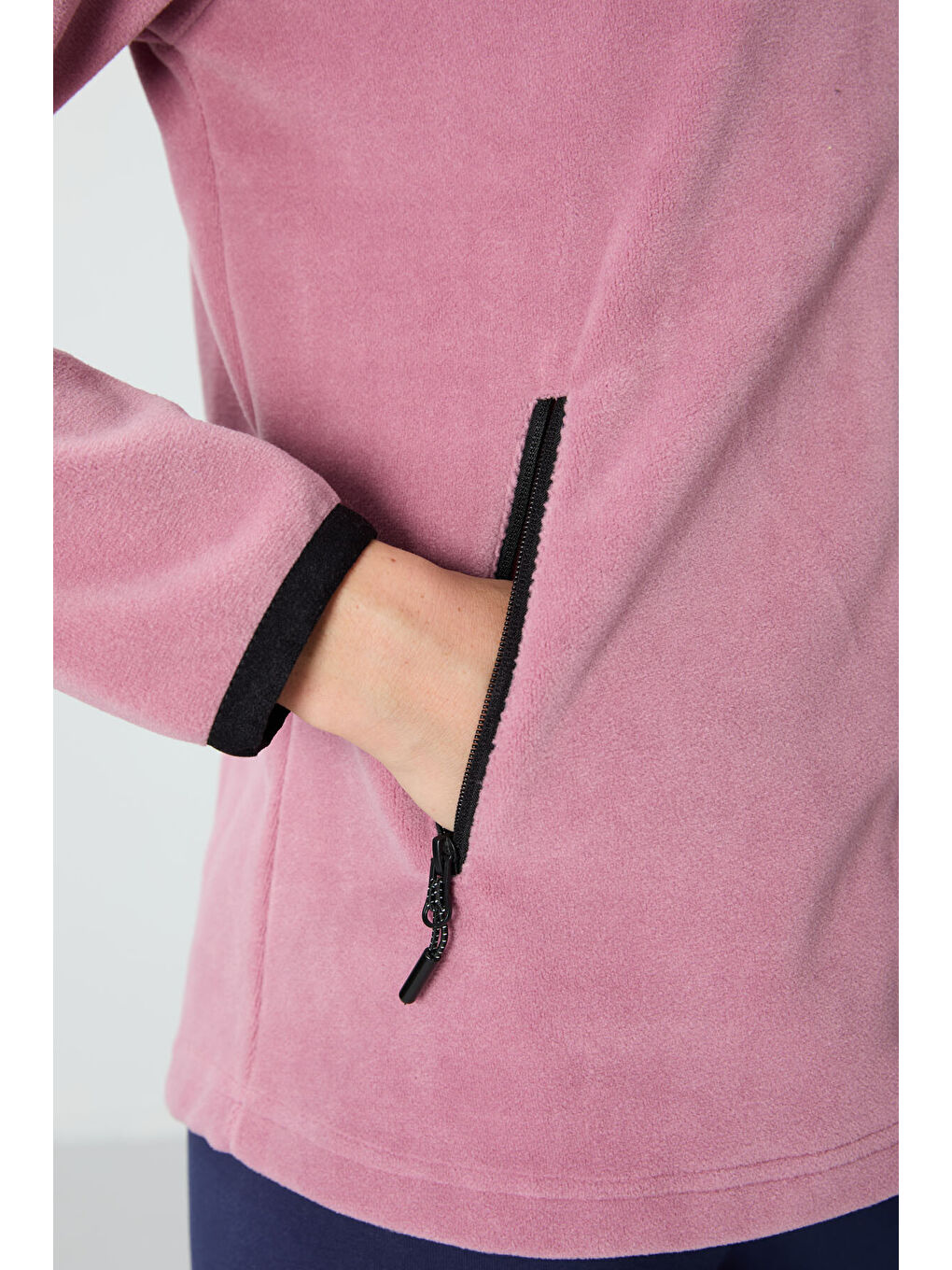 Pembe Gül Kurusu Dik Yaka Fermuarlı Rahat Form Kadın Polar Sweatshirt - 97173-2