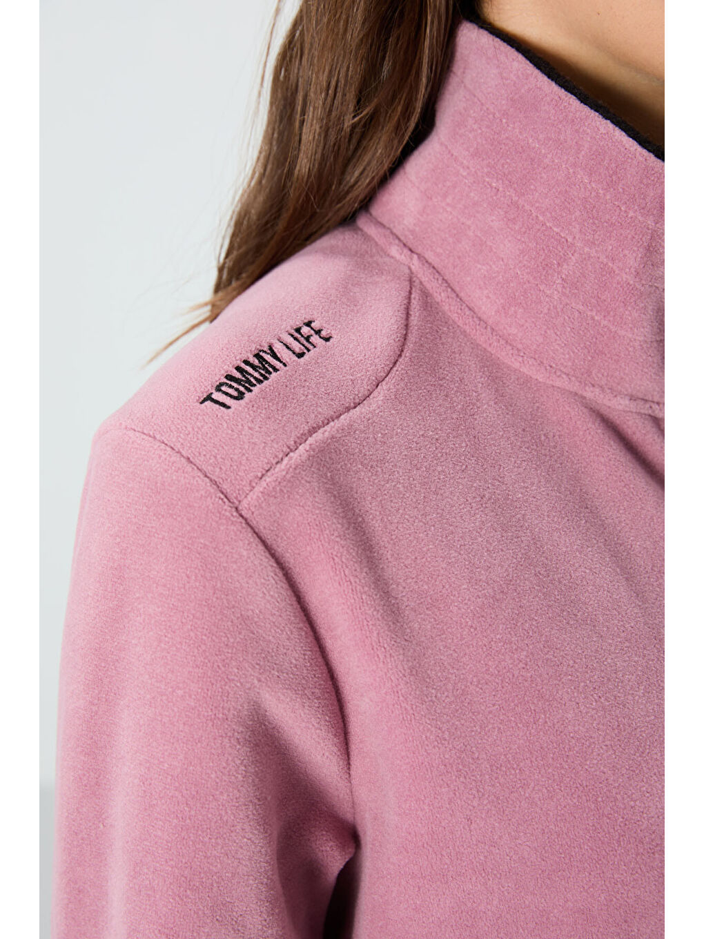 Pembe Gül Kurusu Dik Yaka Fermuarlı Rahat Form Kadın Polar Sweatshirt - 97173-4