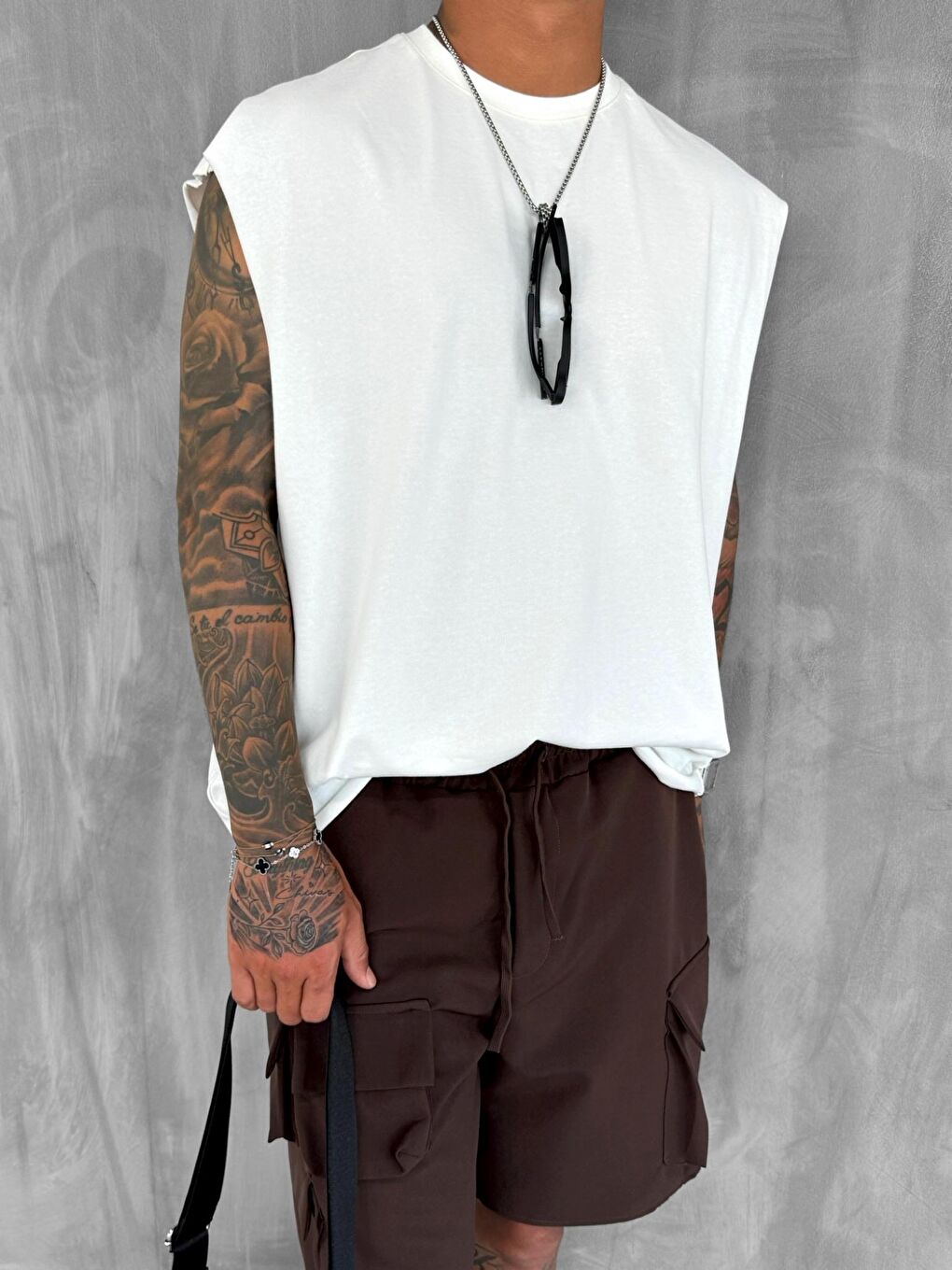 Erkek Oversize Dokulu Yuvarlak Yaka Kolsuz %100 Pamuk Tişört Beyaz-1