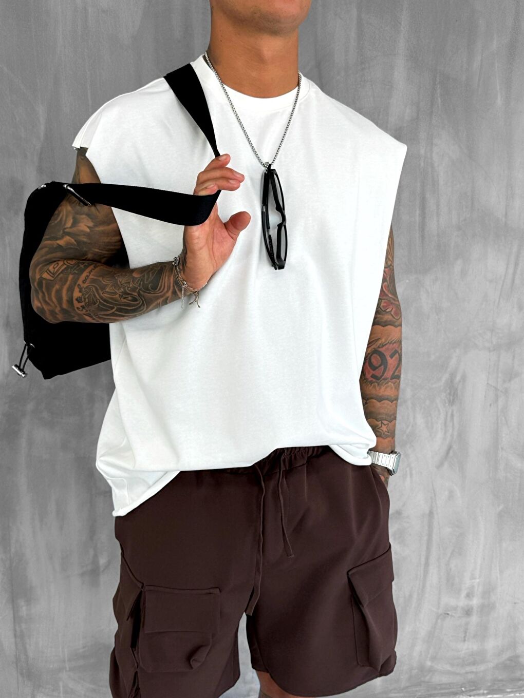 Erkek Oversize Dokulu Yuvarlak Yaka Kolsuz %100 Pamuk Tişört Beyaz-2