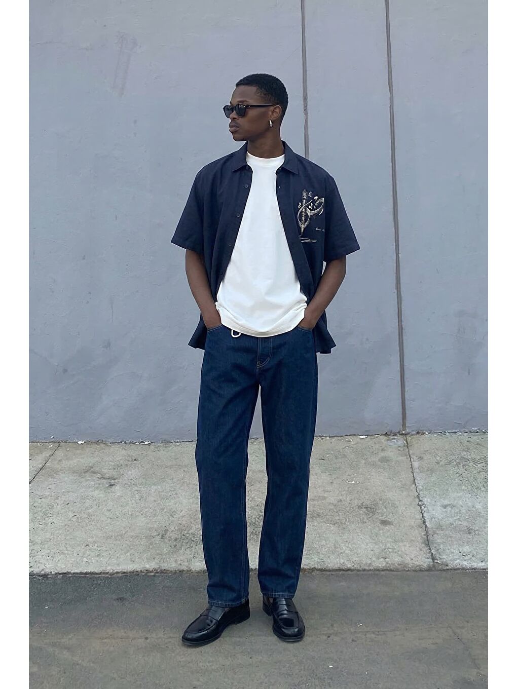 Erkek Relaxed Straight Fit Kontrast Dikişli Jean Pantolon Lacivert-2