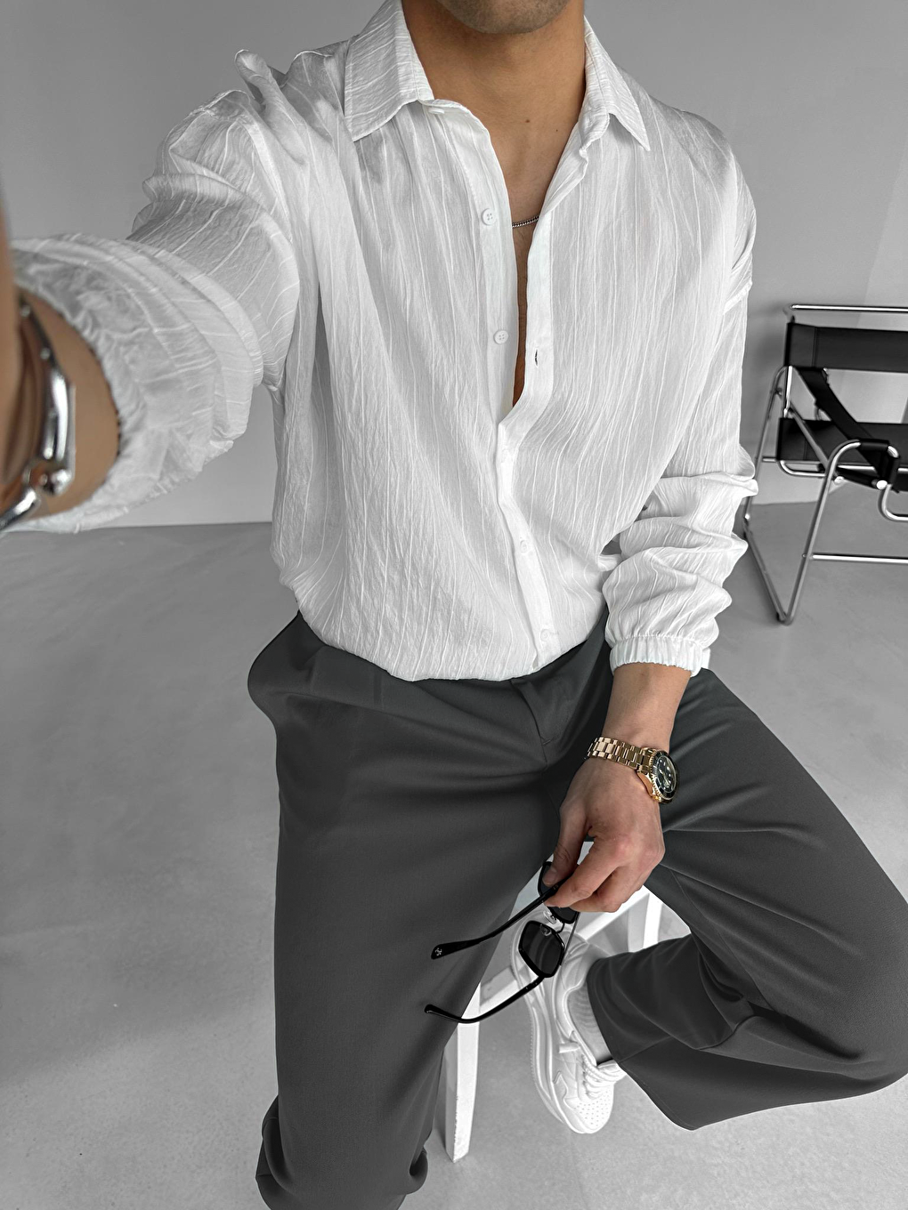 Gri Baggy Fit Kumaş Erkek Pantolon Füme-2