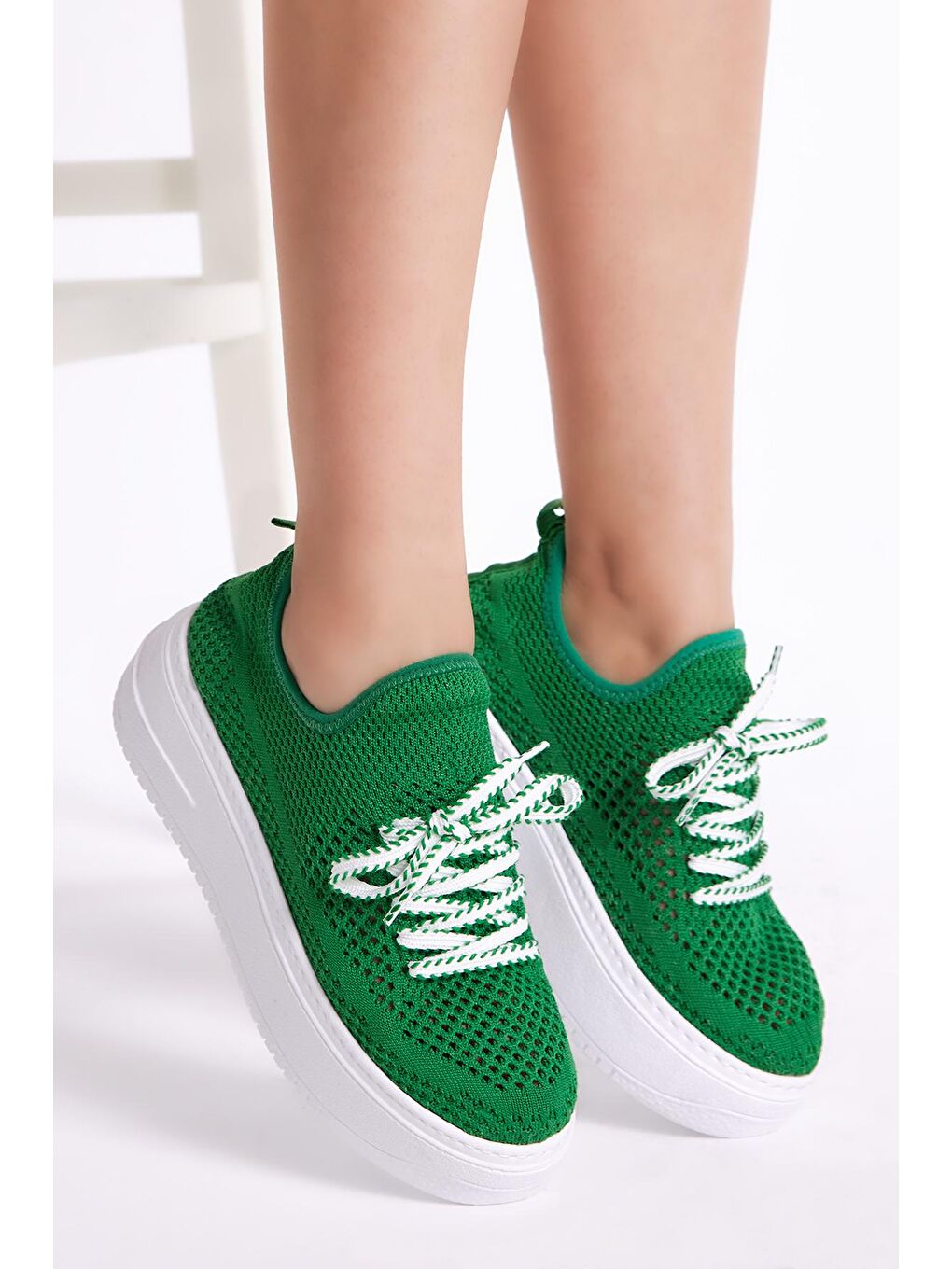 Kadın Yeşil Rahat Kalıp Yüksek Taban Bağcıklı Triko Sneaker-2