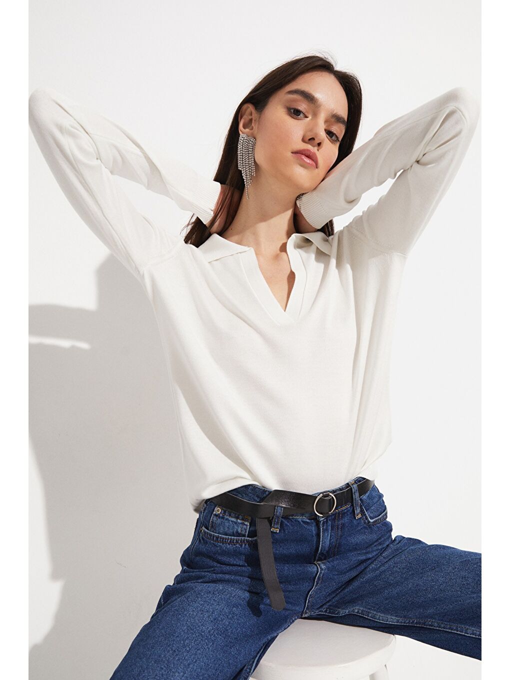 Ekru Kadın Exclusive Viskoz Karışımlı Normal Kalıp Polo Yaka Triko Kazak-4
