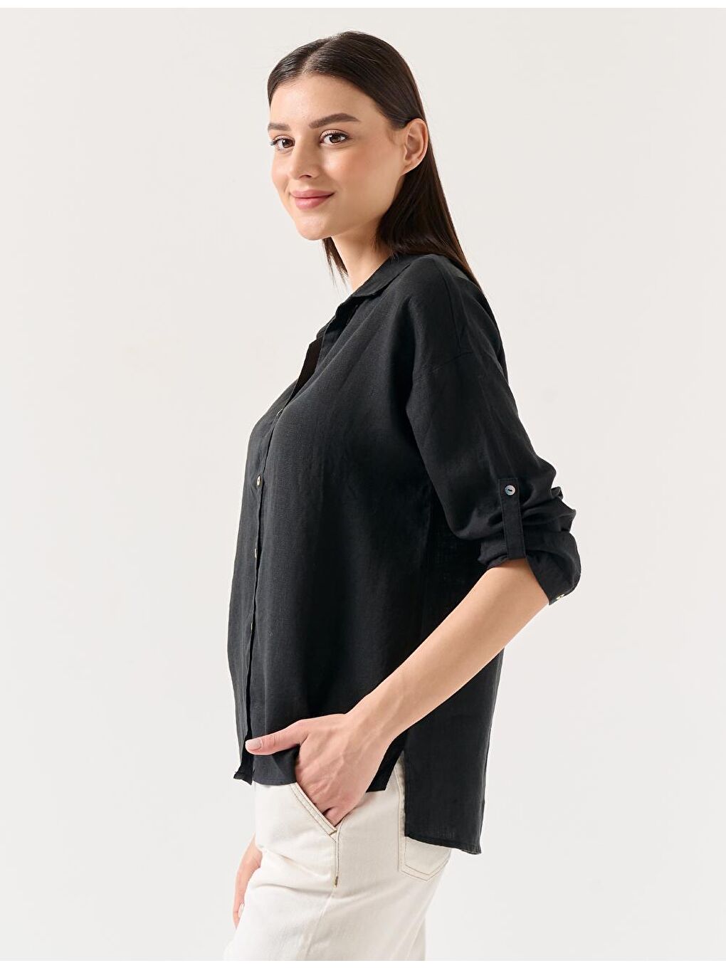 Siyah Düz Kesim Gömlek Yaka Uzun Kollu Basic Keten Gömlek-1