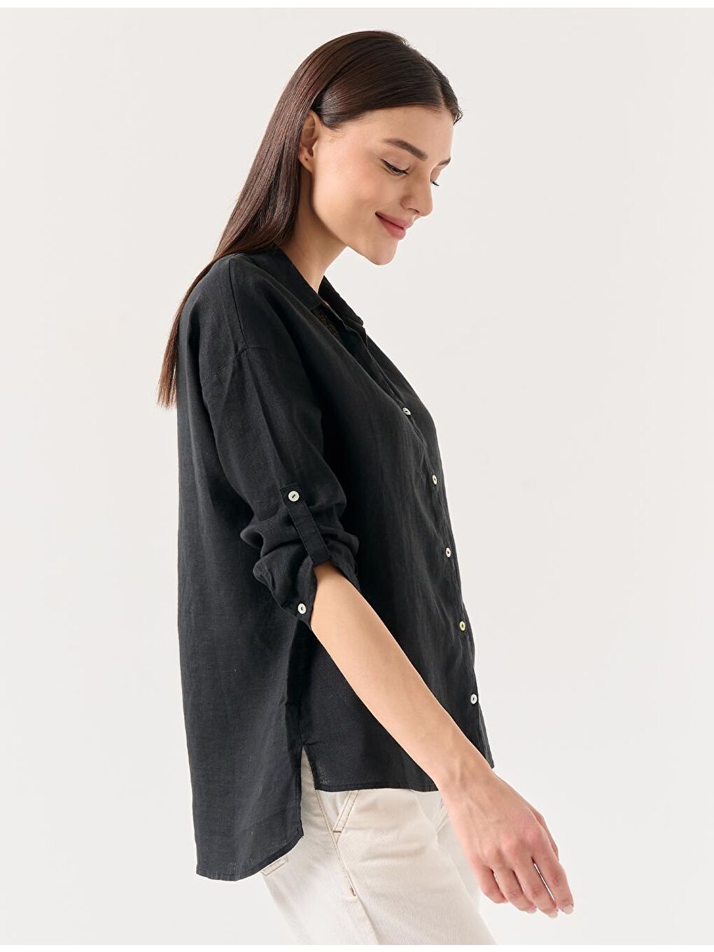 Siyah Düz Kesim Gömlek Yaka Uzun Kollu Basic Keten Gömlek-2