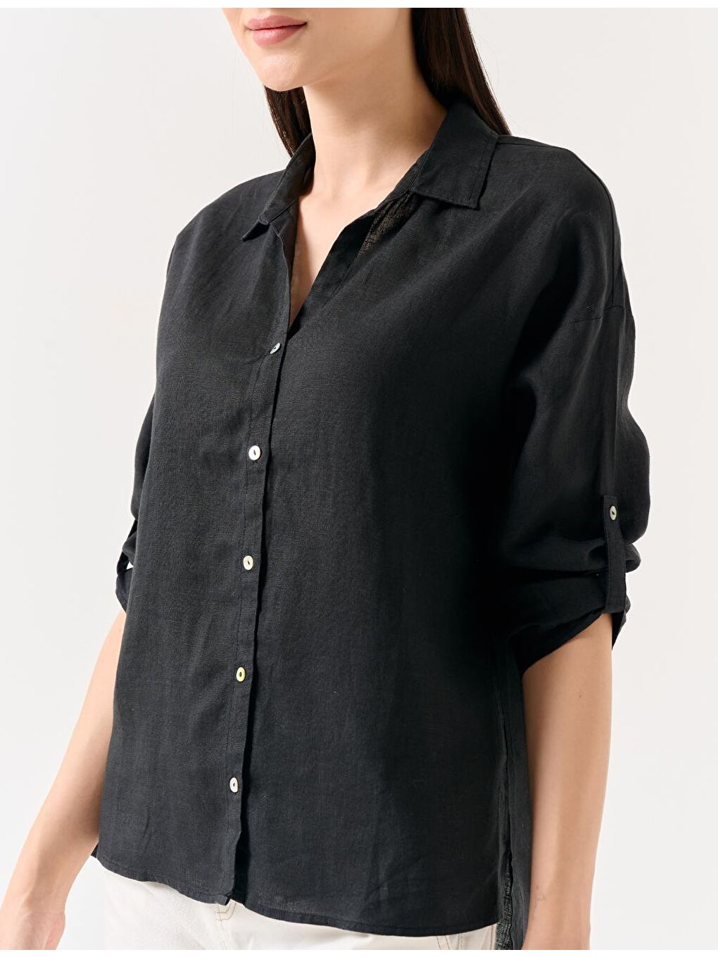 Siyah Düz Kesim Gömlek Yaka Uzun Kollu Basic Keten Gömlek-3
