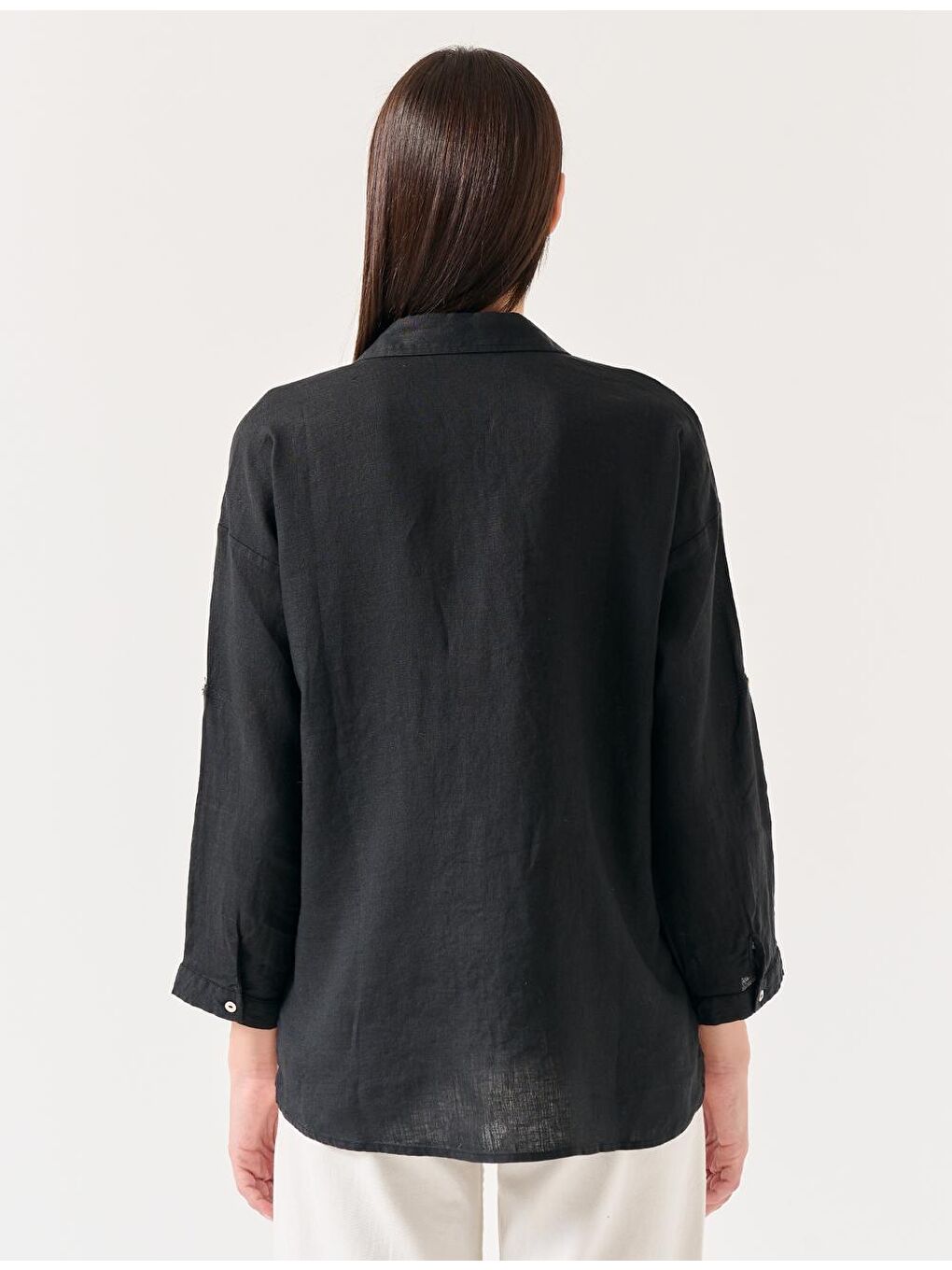 Siyah Düz Kesim Gömlek Yaka Uzun Kollu Basic Keten Gömlek-4