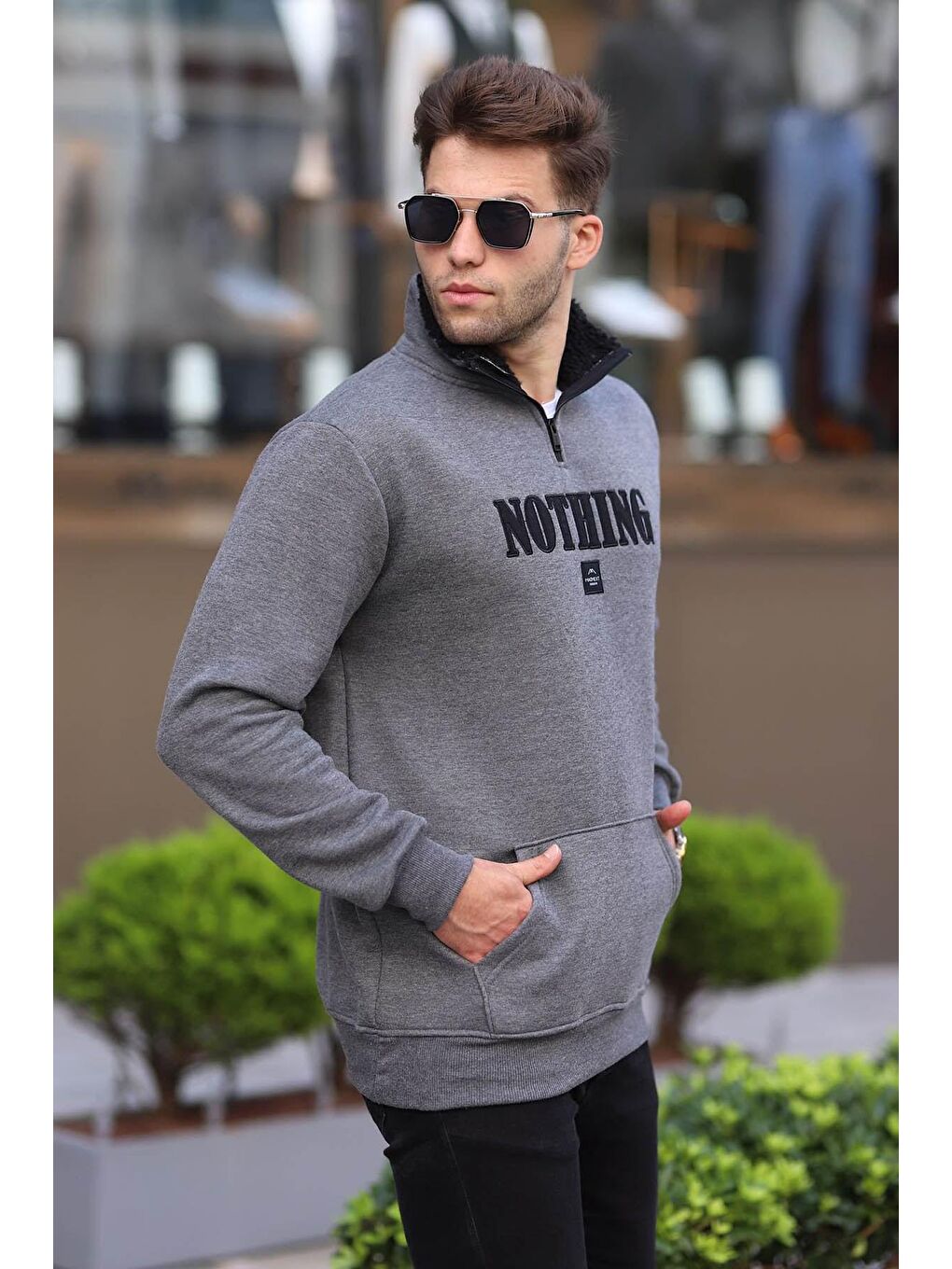 Madmext Antrasit Baskılı Fermuar Detaylı Sweatshirt 6003