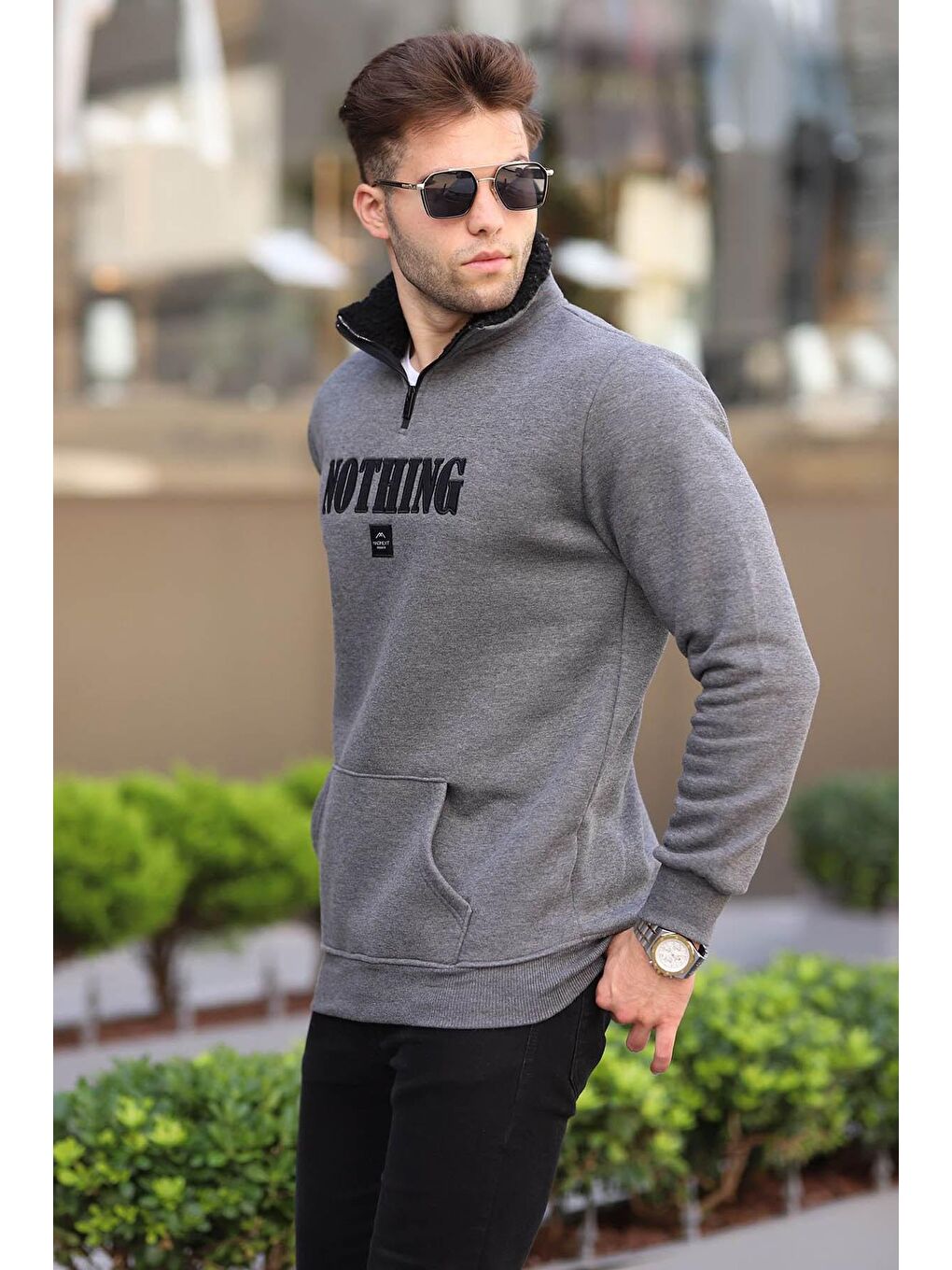 Madmext Antrasit Baskılı Fermuar Detaylı Sweatshirt 6003 - 1