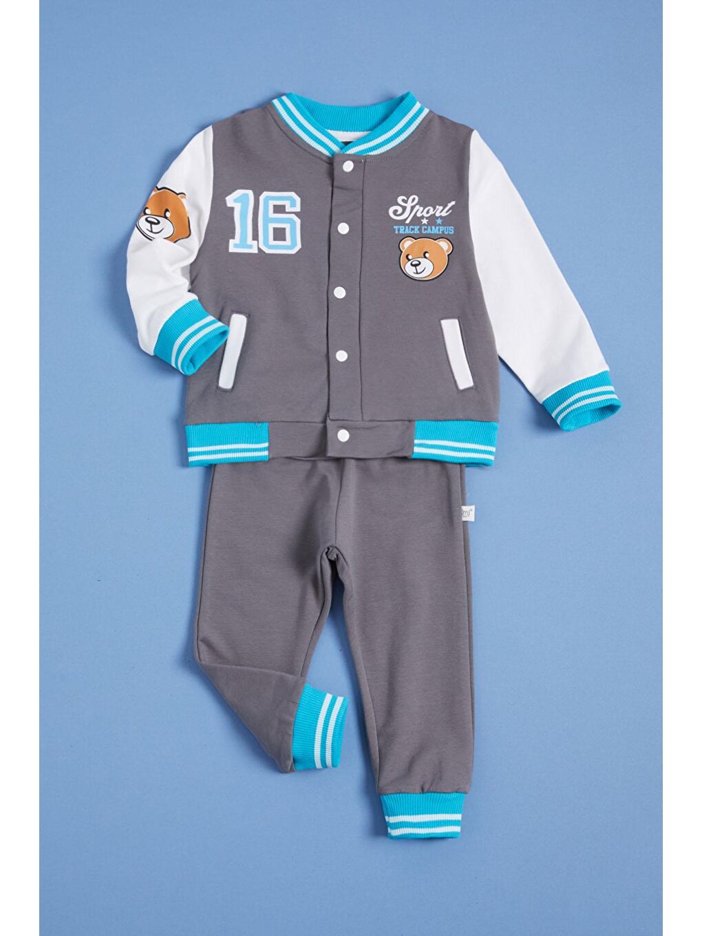 Antrasit Füme Ayıcık Baskılı Kolej Ceketli Erkek Bebek Takım 16181