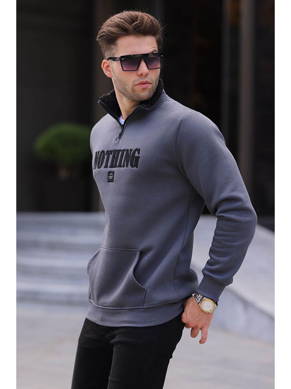 Gri Füme Baskılı Fermuar Detaylı Sweatshirt 6003