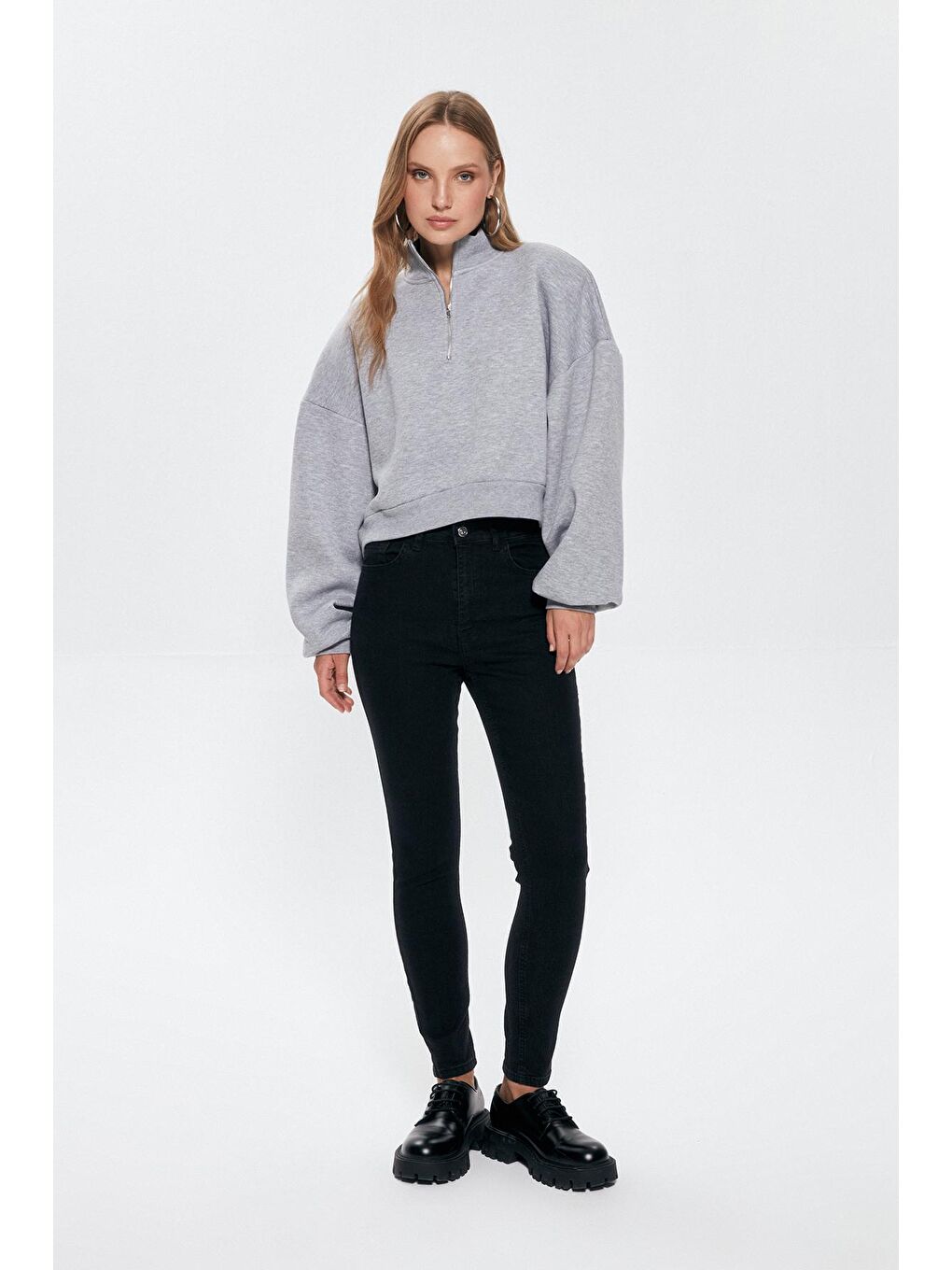 QUZU Gri Fermuar Detaylı Crop Sweatshirt Grimelanj - 2