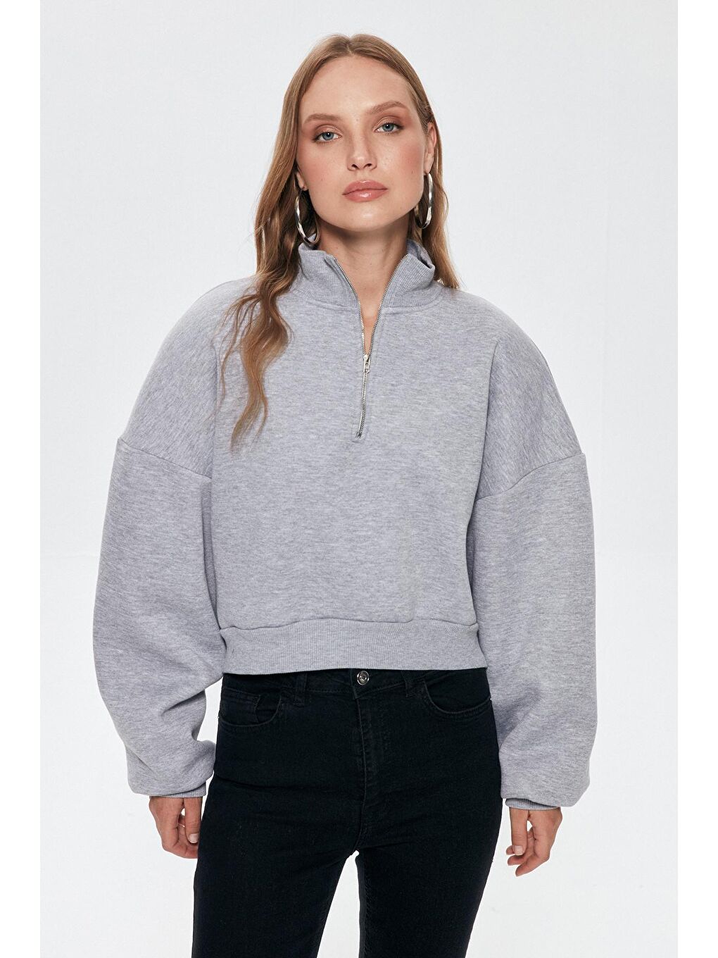 QUZU Gri Fermuar Detaylı Crop Sweatshirt Grimelanj - 3