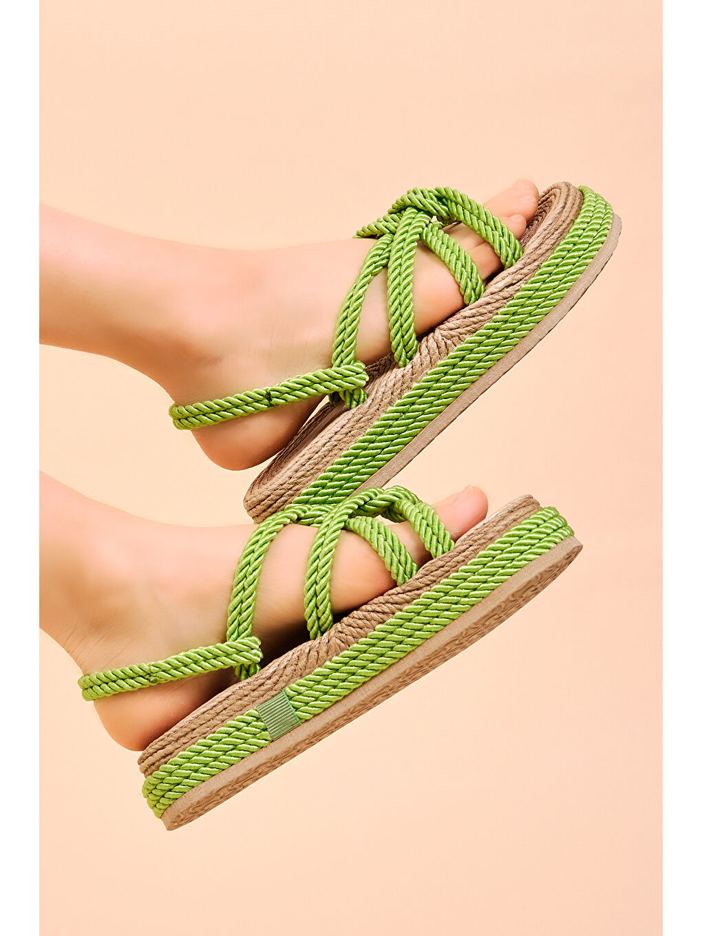 Kadın Yeşil Rahat Kalıp Çapraz Bantlı Yüksek Taban Halat Terlik-2