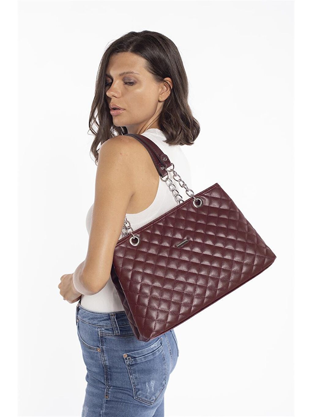 Büyük Kapitone Zincirli Çanta Bordo-1