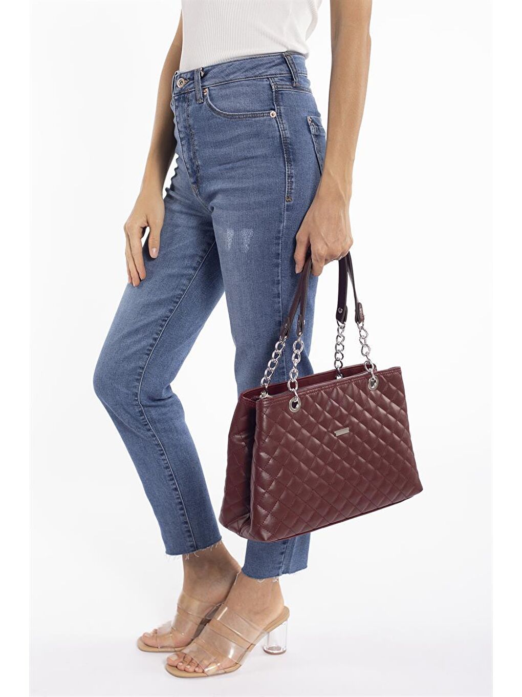 Büyük Kapitone Zincirli Çanta Bordo-4