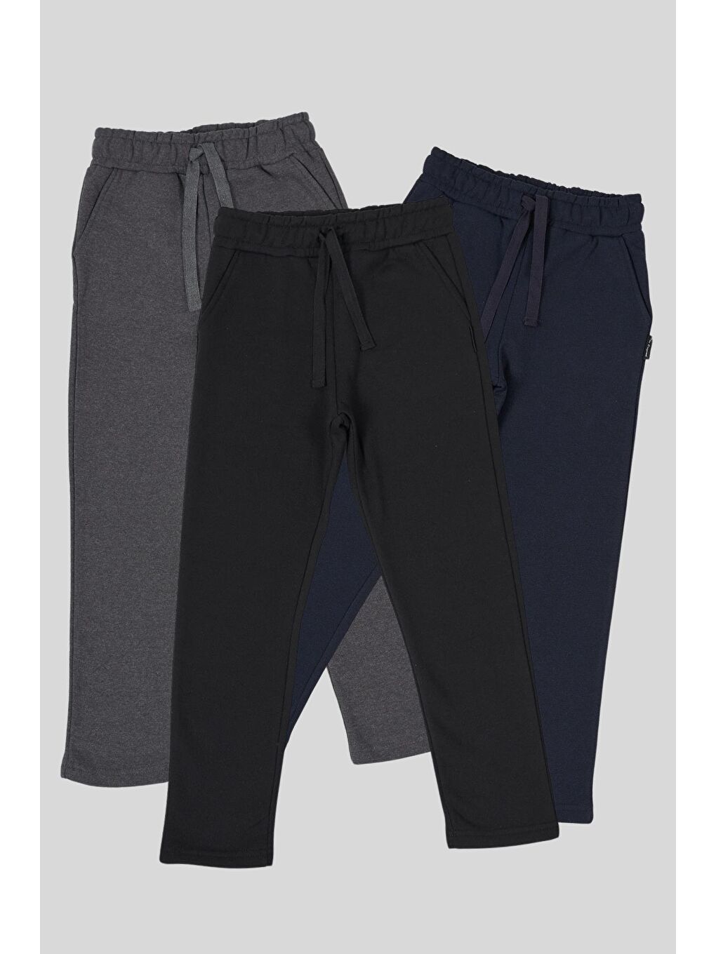 Siyah-Lacivert-Antrasit Kalın Pamuklu Beli Lastikli Yan Cepli 3'lü Erkek Çocuk Eşofman Altı