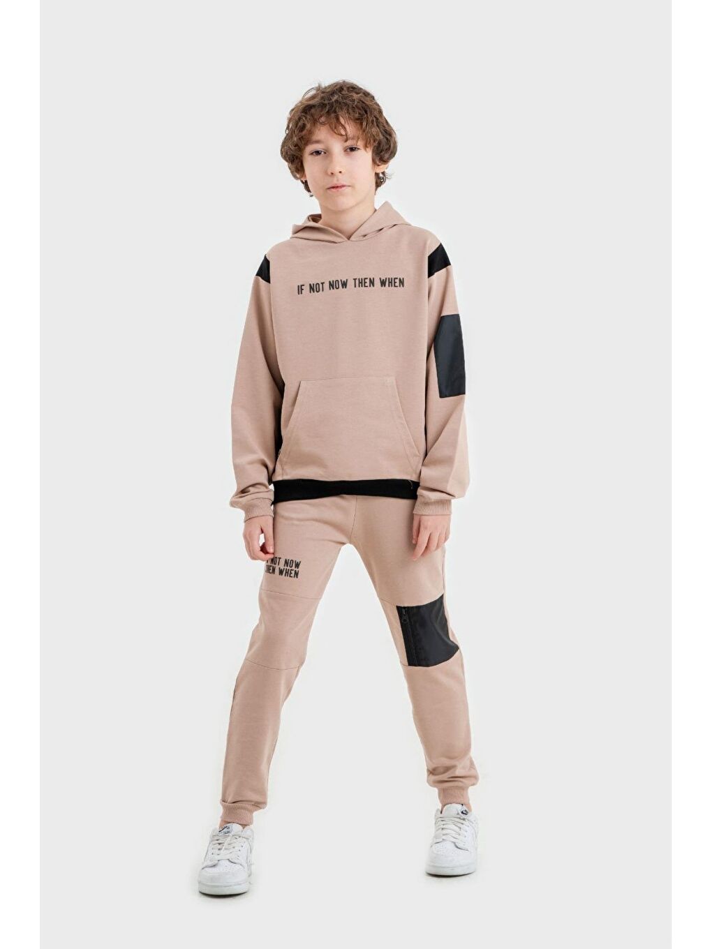 Bej If Not Now Then When Baskılı Kapüşonlu Alt Üst Erkek Çocuk Sweatshirt Eşofman Takımı