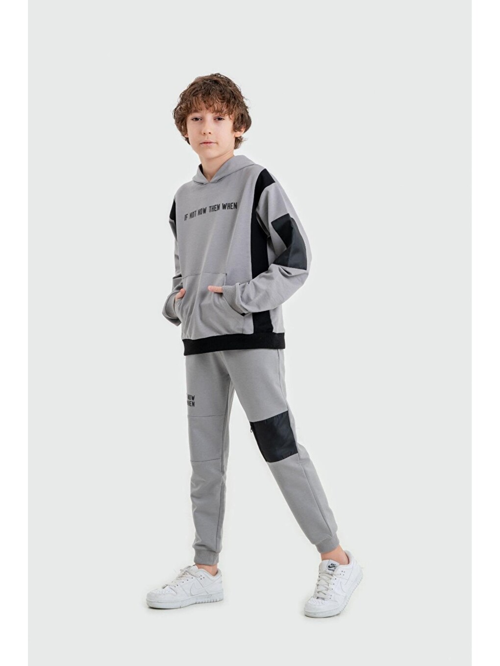 Gri If Not Now Then When Baskılı Kapüşonlu Alt Üst Erkek Çocuk Sweatshirt Eşofman Takımı