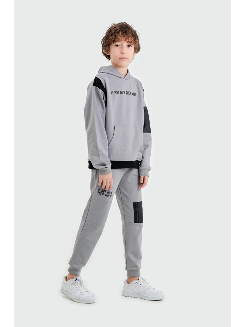 Gri If Not Now Then When Baskılı Kapüşonlu Alt Üst Erkek Çocuk Sweatshirt Eşofman Takımı-1
