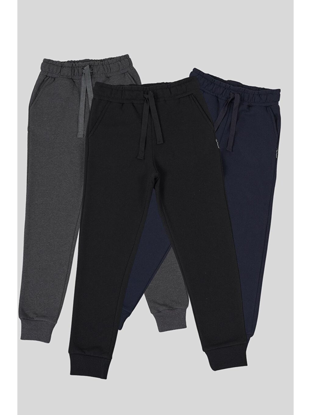 Siyah-Lacivert-Antrasit Kalın Pamuklu Beli ve Paçası Lastikli Cepli 3'lü Erkek Çocuk Eşofman Altı